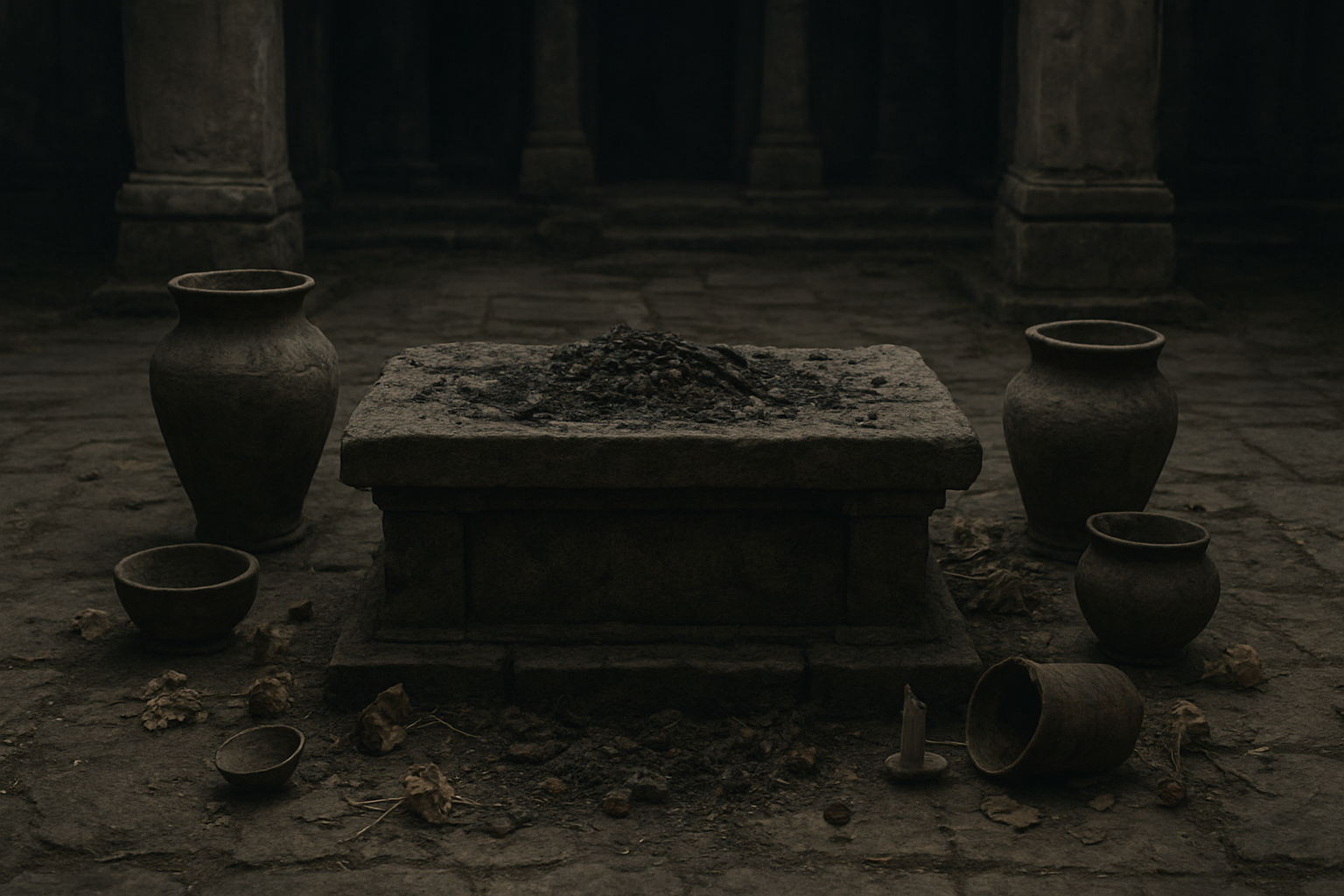 Create a realistic image of an ancient stone altar with burnt offerings and ashes, surrounded by weathered ceremonial vessels and broken pottery, set in a dimly lit temple courtyard with cracked stone pillars in the background, conveying a sense of inadequacy and incompleteness through muted lighting and shadows, with wilted flowers and extinguished candles scattered around the scene to emphasize limitation and insufficiency. Absolutely NO text should be in the scene.