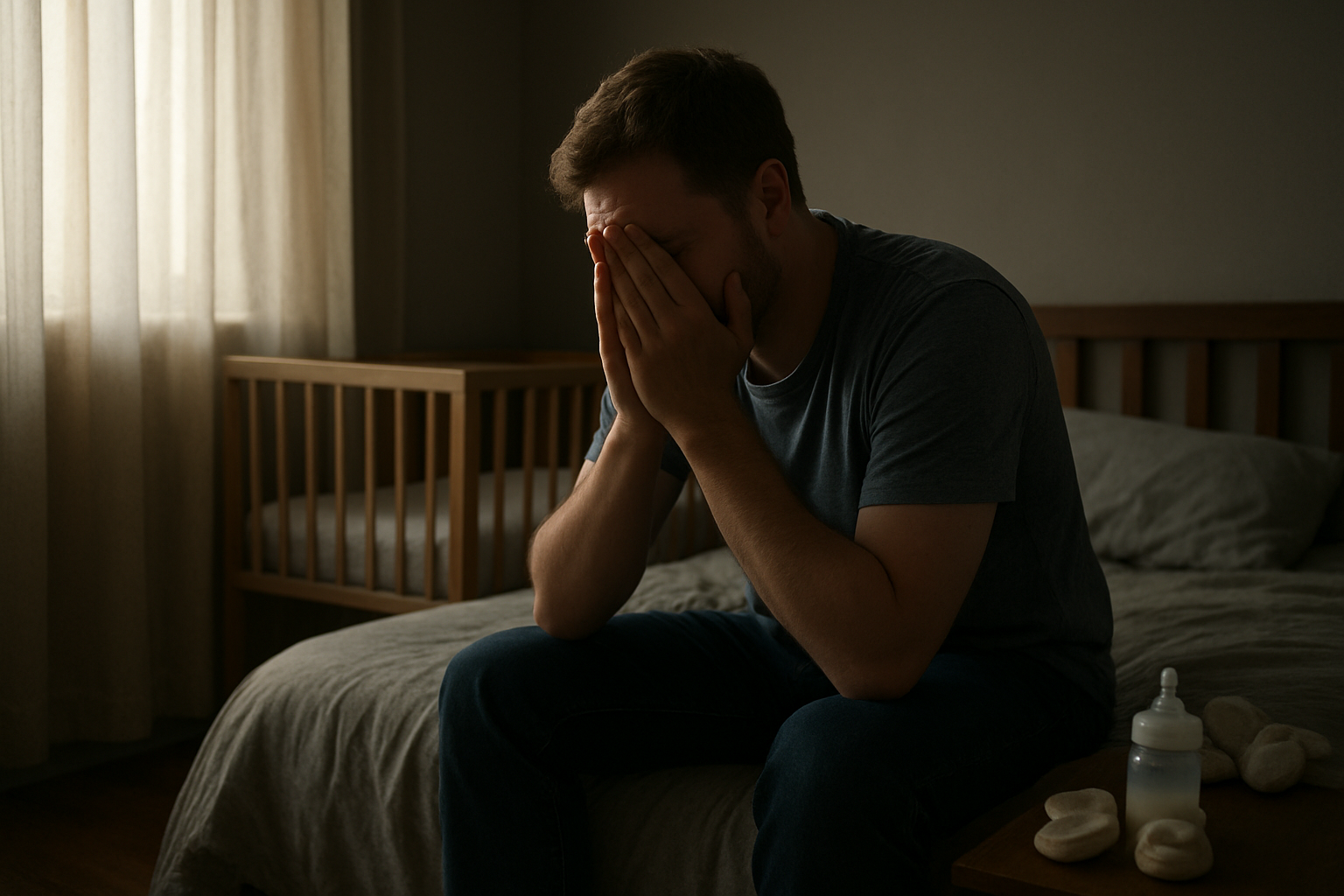 Create a realistic image of a contemplative white male father sitting alone on the edge of a bed in a dimly lit bedroom during early morning hours, head in hands showing exhaustion and emotional weight, with soft natural light filtering through curtains, a crib visible in the background, scattered baby items on a nightstand, and an overall mood of quiet introspection and hidden vulnerability, absolutely NO text should be in the scene.