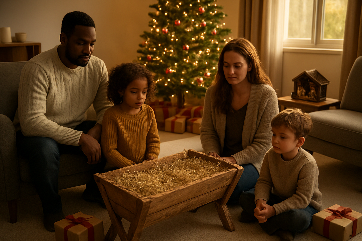 Create a realistic image of a simple wooden manger filled with fresh hay placed in the center of a modern living room during Christmas time, with a contemporary nativity scene nearby on a side table, soft warm lighting from a decorated Christmas tree in the background, wrapped presents scattered around, a diverse family of white and black adults and children gathered around looking at the manger with expressions of reflection and wonder, cozy armchairs and modern furniture visible, golden hour lighting streaming through a window, creating a peaceful and contemplative atmosphere that bridges ancient tradition with modern family life, absolutely NO text should be in the scene.