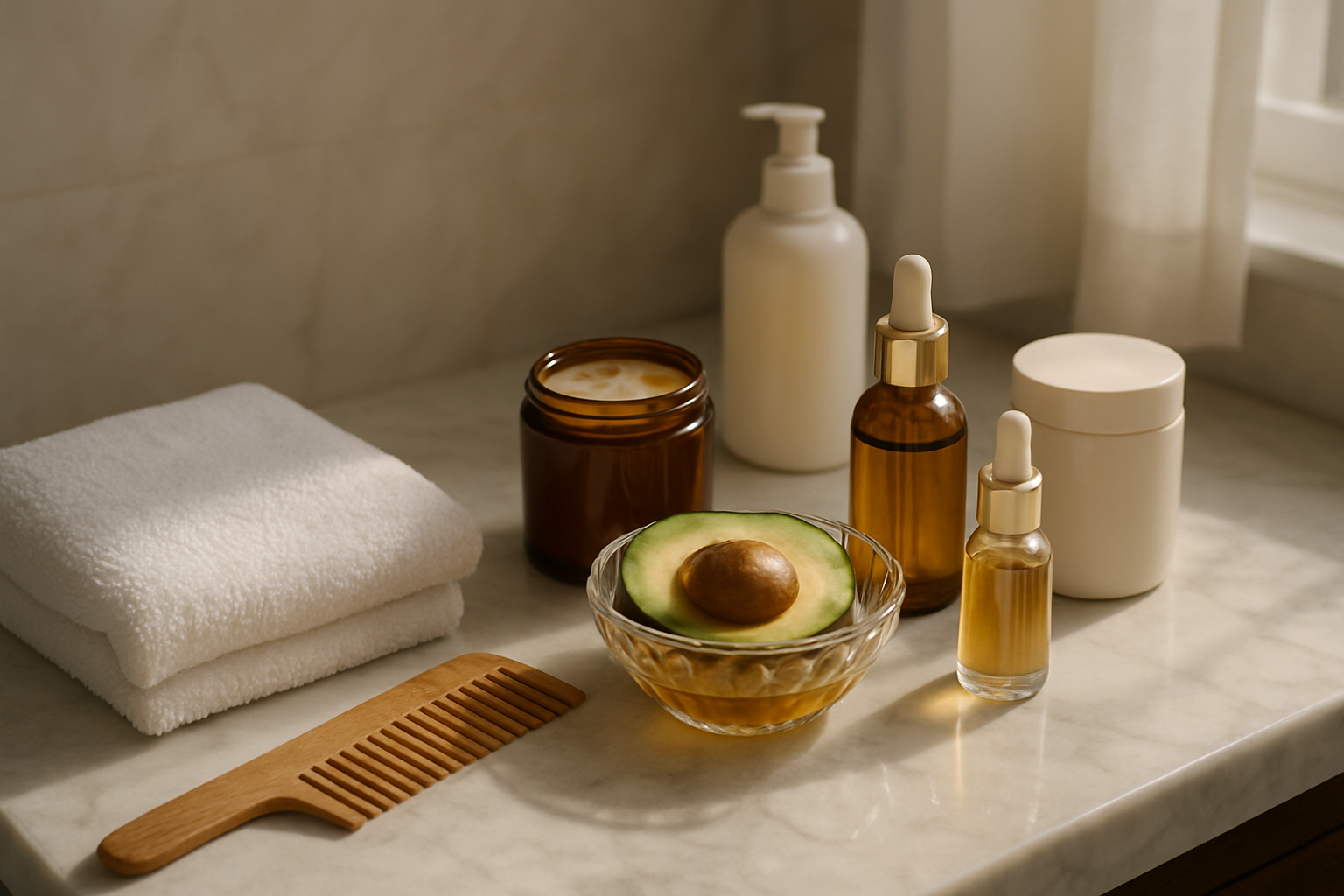 Create a realistic image of a luxurious bathroom vanity setup featuring an array of intensive hair treatment products including deep conditioning masks, hair oils, and serums arranged on a marble countertop, with a plush white towel, a wide-tooth comb, and a crystal bowl filled with natural ingredients like avocado and honey, soft natural lighting streaming through a window creating gentle shadows, conveying a spa-like atmosphere for weekly hair care rituals, absolutely NO text should be in the scene.