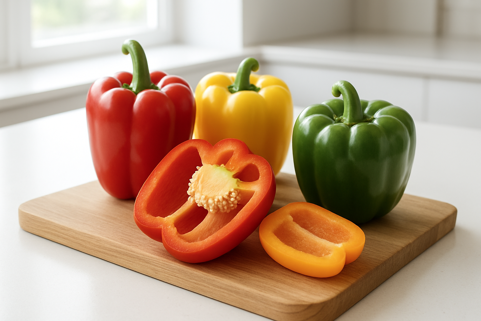 Create a realistic image of fresh colorful bell peppers in red, yellow, green, and orange varieties arranged on a clean wooden cutting board, with some whole bell peppers and one cut in half showing the inner seeds and white flesh, placed on a bright kitchen counter with natural daylight streaming in, creating a clean and fresh atmosphere that emphasizes the vegetables' vibrant colors and crisp texture, absolutely NO text should be in the scene.