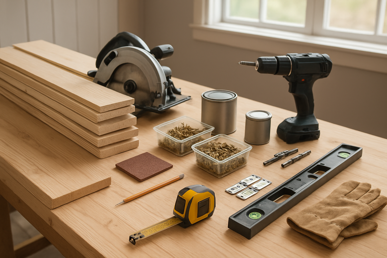 Create a realistic image of a well-organized workspace showing essential woodworking materials and tools laid out for a shiplap door project, including wooden shiplap boards stacked neatly, a circular saw, drill with bits, measuring tape, level, wood screws in containers, sandpaper, wood stain or paint cans, hinges, door handle hardware, pencil, safety glasses, and work gloves arranged on a clean wooden workbench in a bright workshop setting with natural lighting from windows, absolutely NO text should be in the scene.