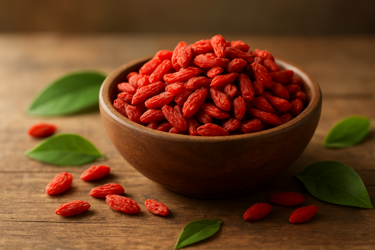 Create a realistic image of a wooden bowl filled with vibrant red dried goji berries placed on a rustic wooden table, surrounded by fresh green leaves and a few scattered goji berries, with soft natural lighting streaming from the side creating gentle shadows, conveying a sense of health, wellness and natural nutrition, with a clean blurred background in warm earth tones, absolutely NO text should be in the scene.