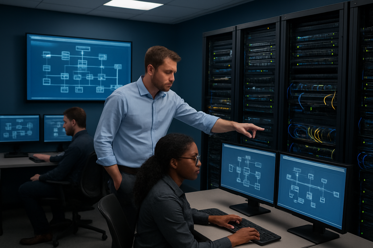Create a realistic image of a modern network operations center with multiple computer workstations displaying network topology diagrams, server racks with blinking LED lights in the background, ethernet cables neatly organized, a large wall-mounted monitor showing system architecture flowcharts, and a diverse team of IT professionals including a white male network engineer pointing at a server configuration and a black female system administrator working at a computer terminal, professional office lighting with a clean technical atmosphere, absolutely NO text should be in the scene.