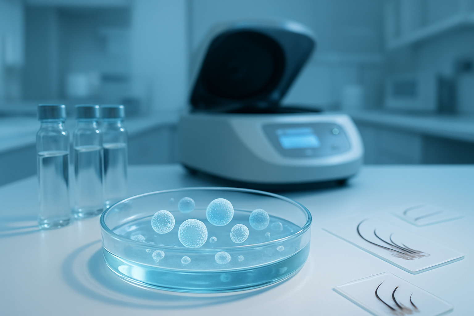 Create a realistic image of a modern medical laboratory setting with microscopic exosomes floating in a petri dish under soft blue scientific lighting, a high-tech centrifuge machine in the background, glass vials containing clear liquid samples on a sterile white counter, and subtle hair follicle illustrations or models visible on the laboratory bench, conveying an innovative medical research atmosphere with clean, professional lighting and a sterile clinical environment, absolutely NO text should be in the scene.