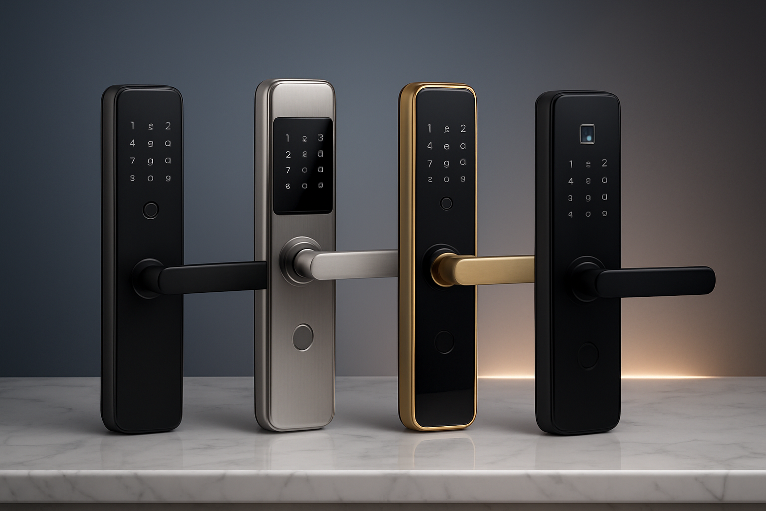 Create a realistic image of an elegant display showcasing multiple premium smart door locks from top brands, featuring sleek modern designs in black, silver, and gold finishes with digital keypads, fingerprint sensors, and smartphone connectivity indicators, arranged on a luxurious white marble surface against a sophisticated gradient background transitioning from deep blue to light gray, with subtle LED accent lighting highlighting each lock's premium features and craftsmanship, conveying innovation and security in a high-end retail or showroom environment, absolutely NO text should be in the scene.