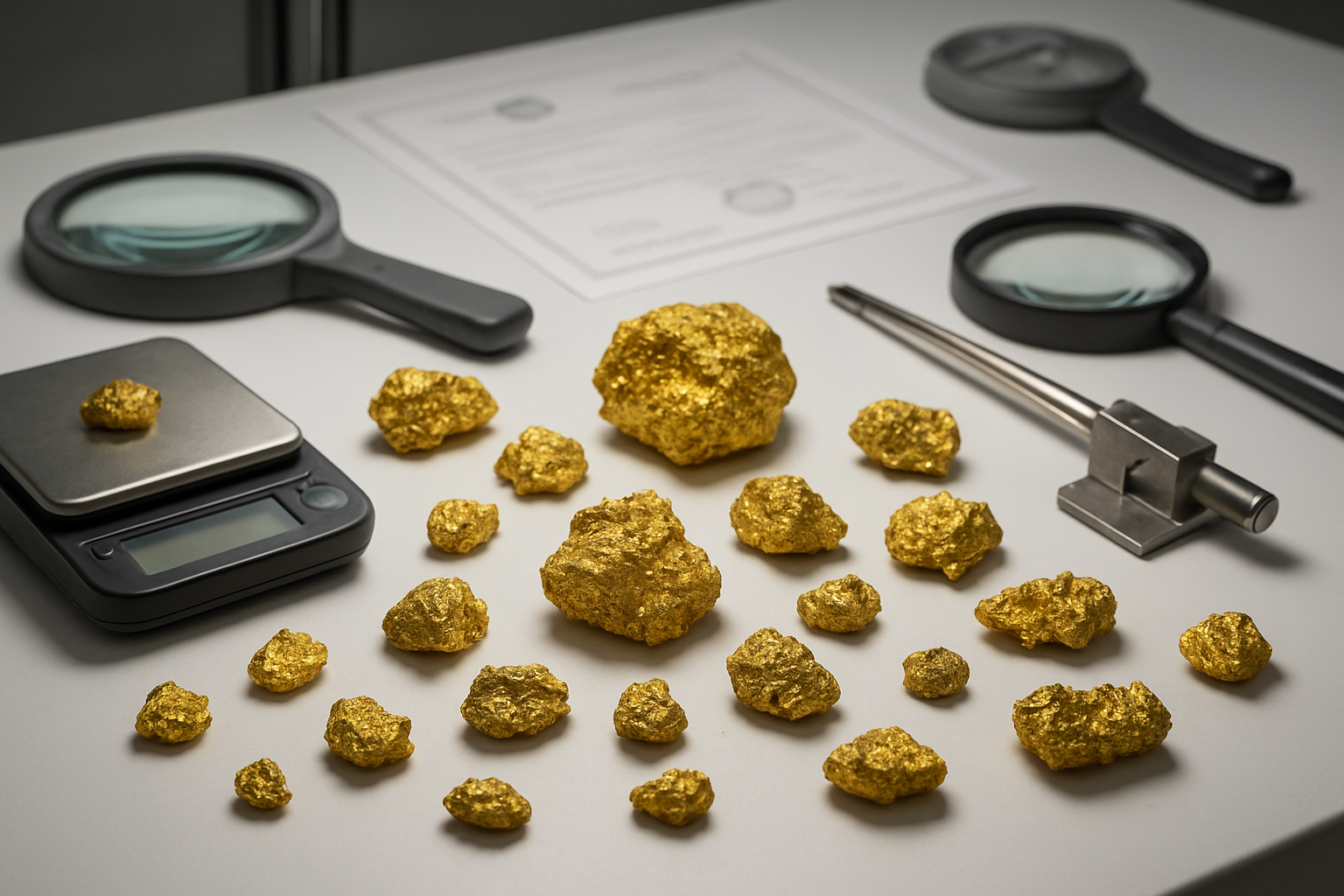 Create a realistic image of a professional gemologist's workstation with raw gold nuggets and specimens laid out on a clean white examination surface, featuring precision measurement tools including digital scales, magnifying glasses, and testing equipment, with certificates and authentication documents visible nearby, under bright professional lighting that highlights the golden metallic luster of the raw gold pieces, creating a trustworthy and scientific atmosphere that conveys expertise and reliability in gold evaluation, absolutely NO text should be in the scene.