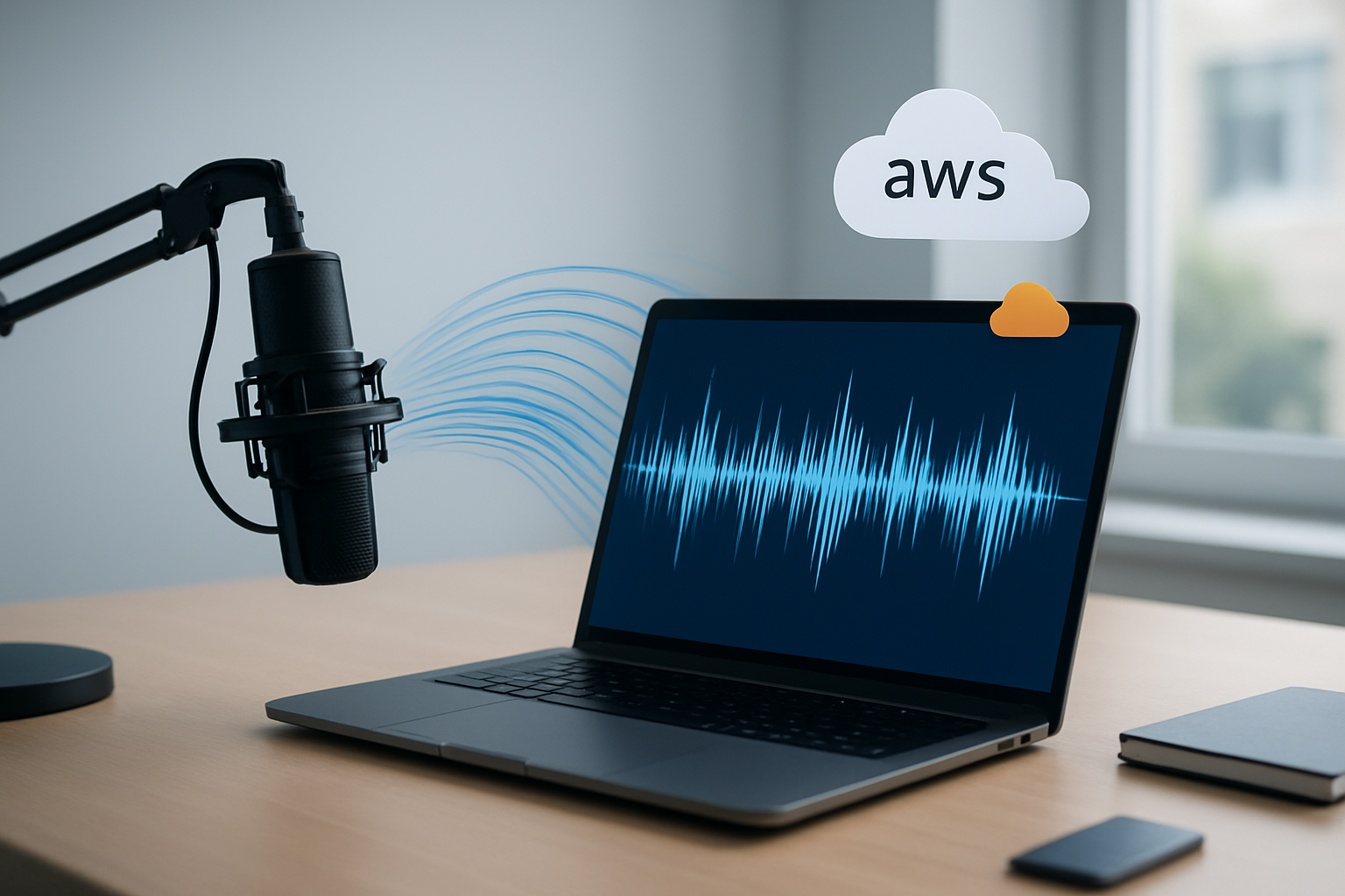 Create a realistic image of a modern computer workstation showing AWS Transcribe in action, featuring a sleek laptop or desktop computer with audio waveforms displayed on the screen, a professional microphone positioned nearby, sound wave visualizations flowing from the microphone toward the computer, AWS cloud service icons subtly integrated in the background, clean modern office environment with soft natural lighting from a window, minimalist desk setup with subtle blue and orange accent colors representing AWS branding, the scene conveying the process of converting speech into text through cloud technology, absolutely NO text should be in the scene.