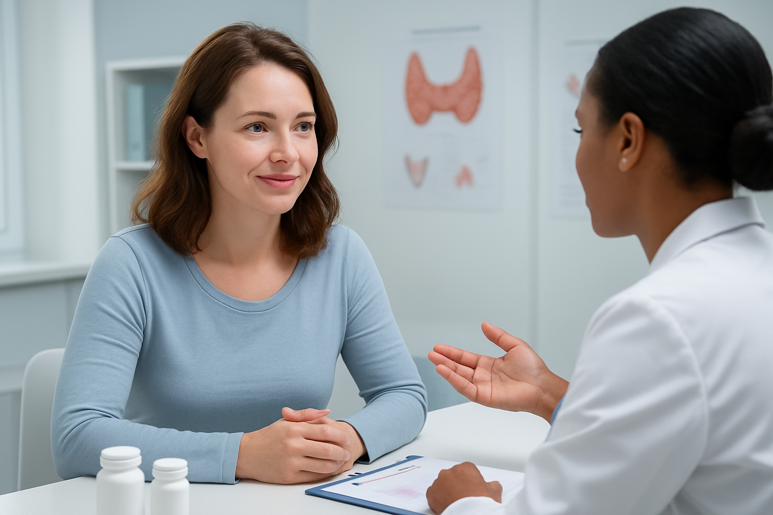 Create a realistic image of a white female patient sitting in a modern medical office consulting with a healthcare professional about thyroid treatment, with medical charts and thyroid medication bottles visible on the desk, the woman showing signs of hair regrowth with healthier-looking hair, bright clinical lighting creating a hopeful and professional atmosphere, clean white and blue medical office background with anatomical posters, absolutely NO text should be in the scene.