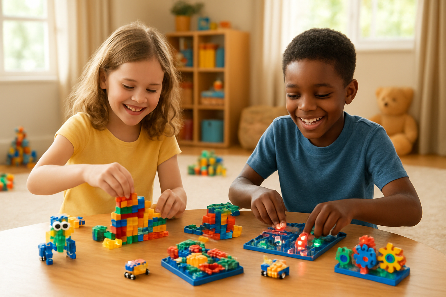 Create a realistic image of a bright, cheerful playroom with a wooden table in the center displaying various STEM building kits including colorful interlocking blocks, gear sets, and circuit boards with LED lights glowing softly, surrounded by a diverse group of children - a white female child and a black male child - sitting cross-legged on a soft carpet, both smiling widely while actively building and experimenting with the educational toys, natural sunlight streaming through large windows creating a warm, inviting atmosphere that emphasizes joy and discovery in learning, with scattered completed small robots and structures in the background showing successful play outcomes, absolutely NO text should be in the scene.