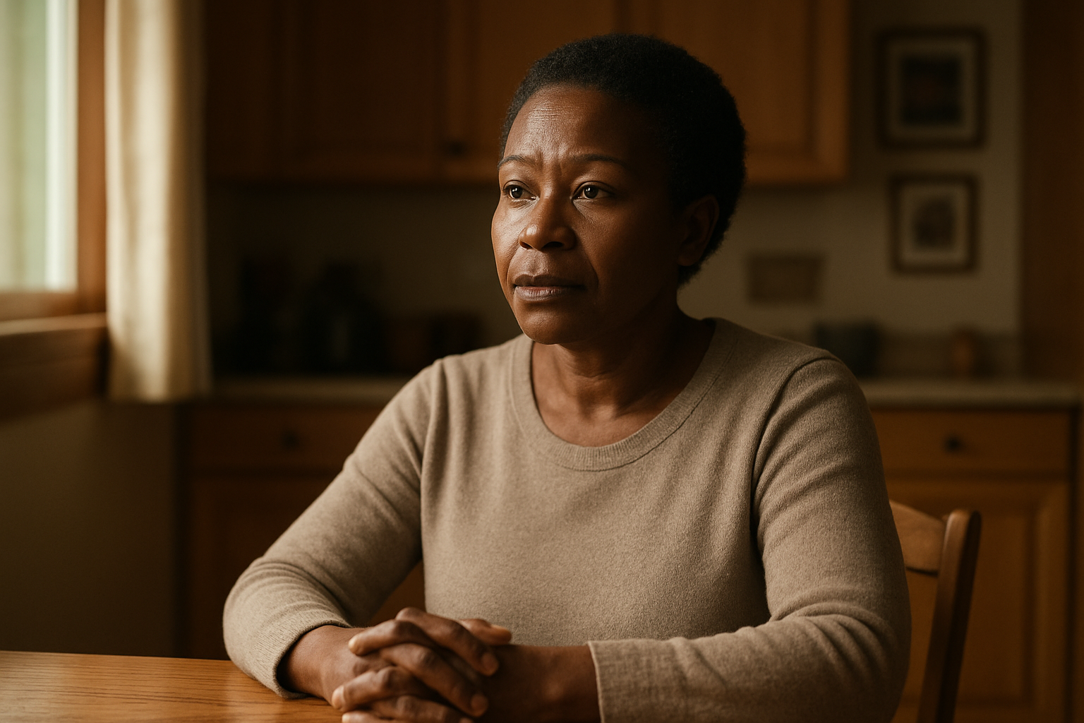 Create a realistic image of a middle-aged black female mother sitting at a kitchen table, her hands gently clasped together, with a calm yet determined expression on her face showing inner strength, soft natural lighting from a nearby window illuminating her profile, warm wooden kitchen background with subtle family photos on the walls, peaceful and contemplative atmosphere conveying emotional resilience and quiet strength, absolutely NO text should be in the scene.