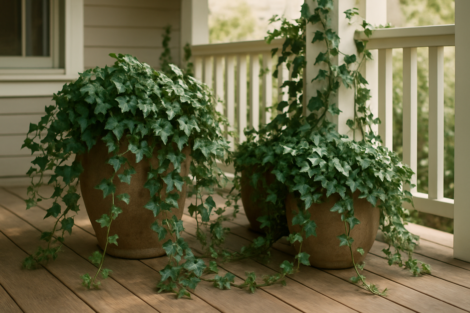 Create a realistic image of lush English Ivy with its characteristic dark green, glossy, lobed leaves cascading gracefully from decorative porch planters and climbing up white porch railings, set against a charming residential porch backdrop with soft natural daylight filtering through, creating gentle shadows that highlight the ivy's vibrant foliage and low-maintenance beauty, with some trailing vines spilling over the edges of terracotta or ceramic containers placed on wooden porch flooring, conveying a peaceful, effortless gardening atmosphere. Absolutely NO text should be in the scene.