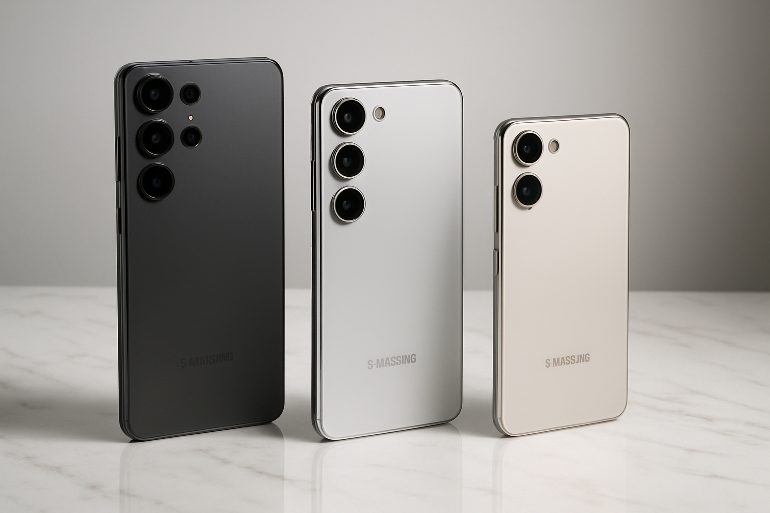 Create a realistic image of three Samsung Galaxy S26 smartphones (Ultra, Plus, and base model) arranged elegantly on a premium white marble surface, showcasing their sleek design and premium build quality with different angles to highlight the camera modules, metal frames, and glass backs, under soft professional studio lighting that creates subtle reflections and emphasizes the premium materials and craftsmanship, with a clean minimalist background featuring gentle shadows, absolutely NO text should be in the scene.