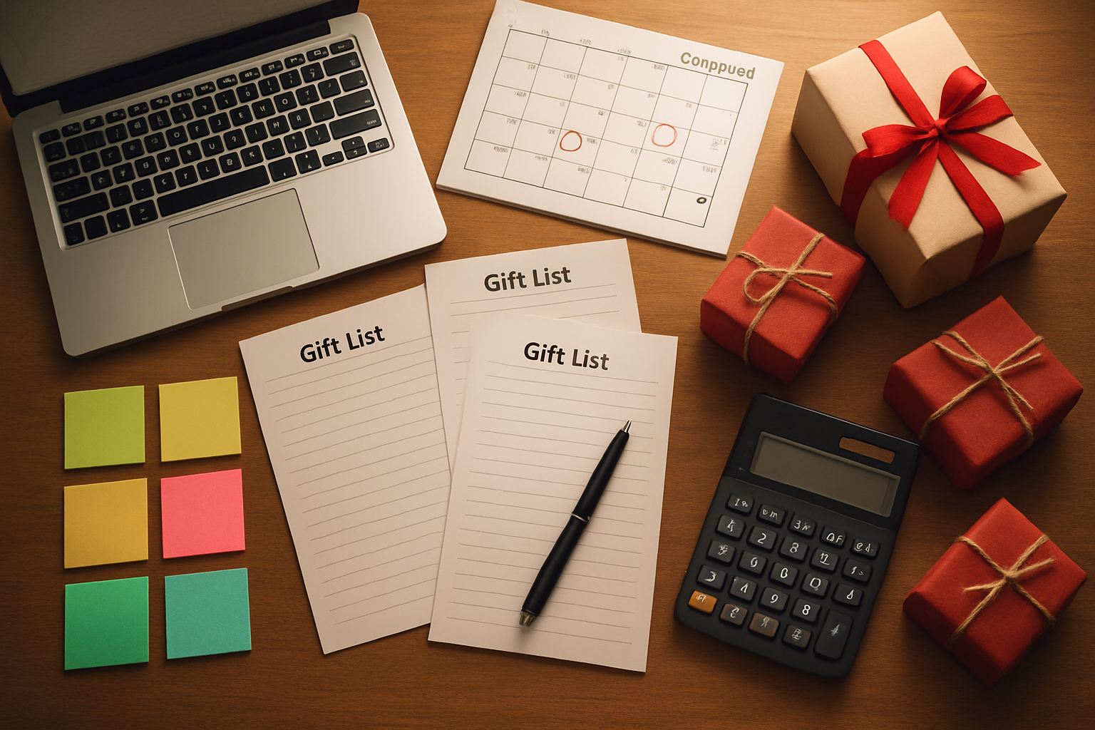 Create a realistic image of a well-organized desk surface with multiple gift lists, a calendar marked with holiday dates, wrapped presents in various sizes, a laptop displaying a spreadsheet, colorful sticky notes arranged systematically, a pen, and a calculator, all laid out in an orderly fashion suggesting careful Christmas shopping planning, with warm indoor lighting creating a cozy productive atmosphere, shot from above at a slight angle to show the comprehensive planning setup, absolutely NO text should be in the scene.