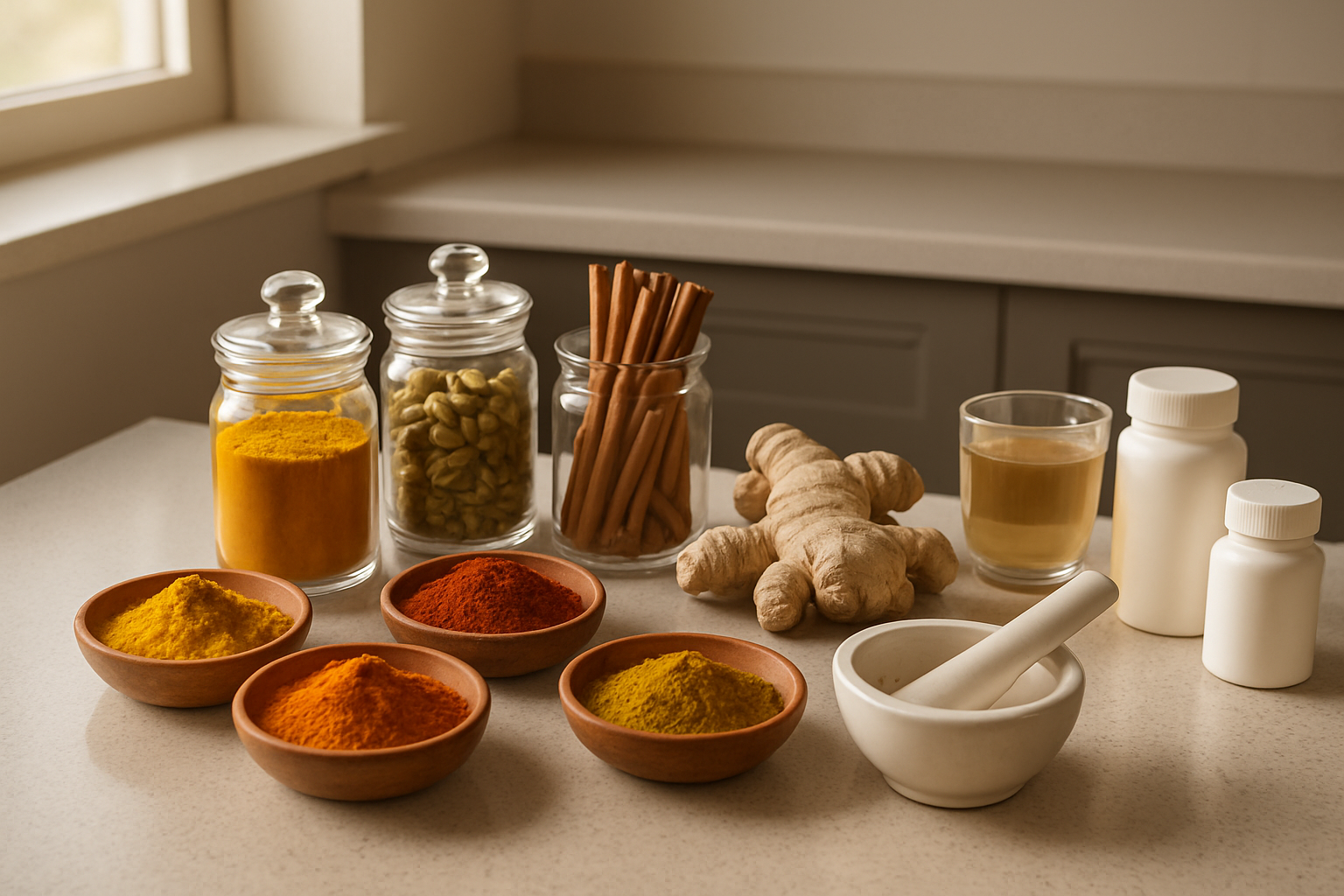 Create a realistic image of a modern kitchen counter displaying an array of premium Indian spices in elegant glass jars and small wooden bowls, including turmeric, cardamom, cinnamon sticks, and colorful curry powders, alongside fresh wellness items like ginger root, mortar and pestle, herbal tea cups, and vitamin bottles, with soft natural lighting from a window creating warm shadows, emphasizing the connection between traditional spices and modern health consciousness, absolutely NO text should be in the scene.