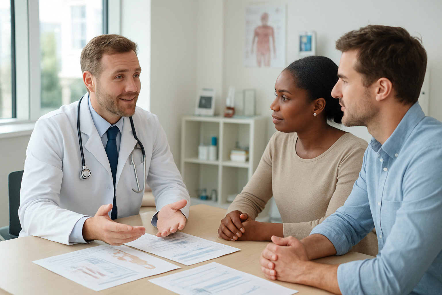 Create a realistic image of a professional medical consultation scene showing a white male doctor in a white coat sitting across from a diverse group of patients (including a black female and white male) at a modern clinic table, with medical charts and comparison documents spread between them, set in a clean, well-lit medical office with natural lighting from large windows, conveying a sense of hope and informed decision-making, with medical equipment and treatment brochures visible in the background, absolutely NO text should be in the scene.