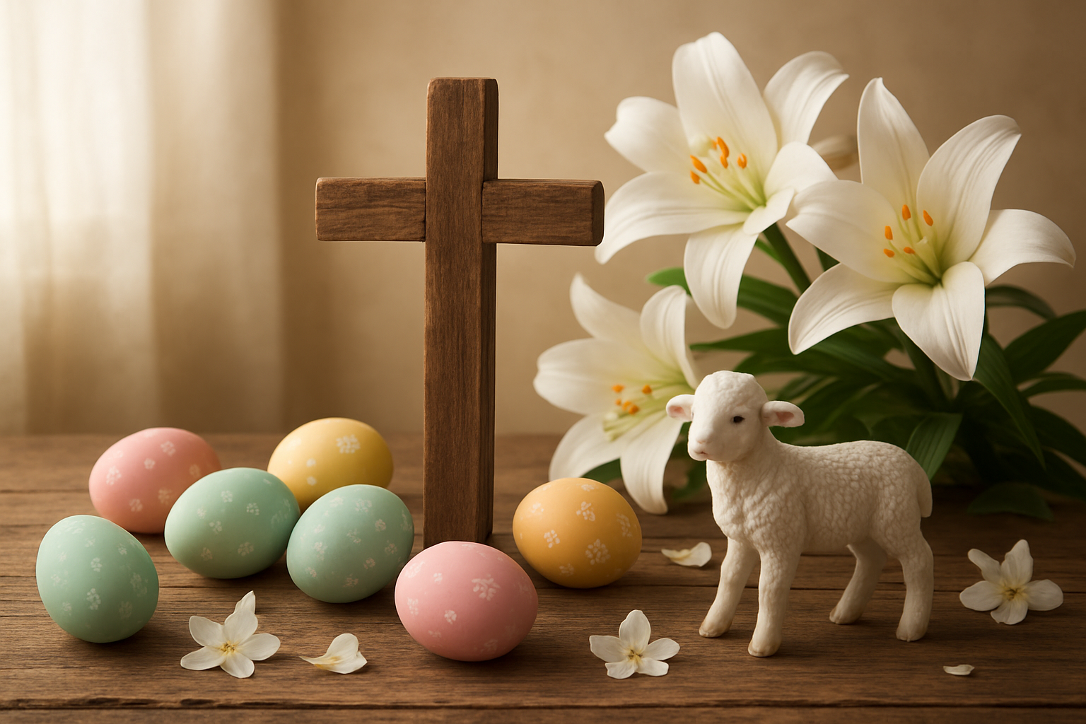 Create a realistic image of an elegant Easter arrangement on a rustic wooden table featuring a weathered wooden cross as the centerpiece, surrounded by colorful decorated Easter eggs in pastel shades, white Easter lilies in full bloom, and a small white lamb figurine, with soft natural lighting filtering through a window creating gentle shadows, set against a warm neutral background with subtle spring elements like scattered flower petals, conveying a peaceful and sacred atmosphere that represents the conclusion of understanding Christian Easter symbolism, absolutely NO text should be in the scene.