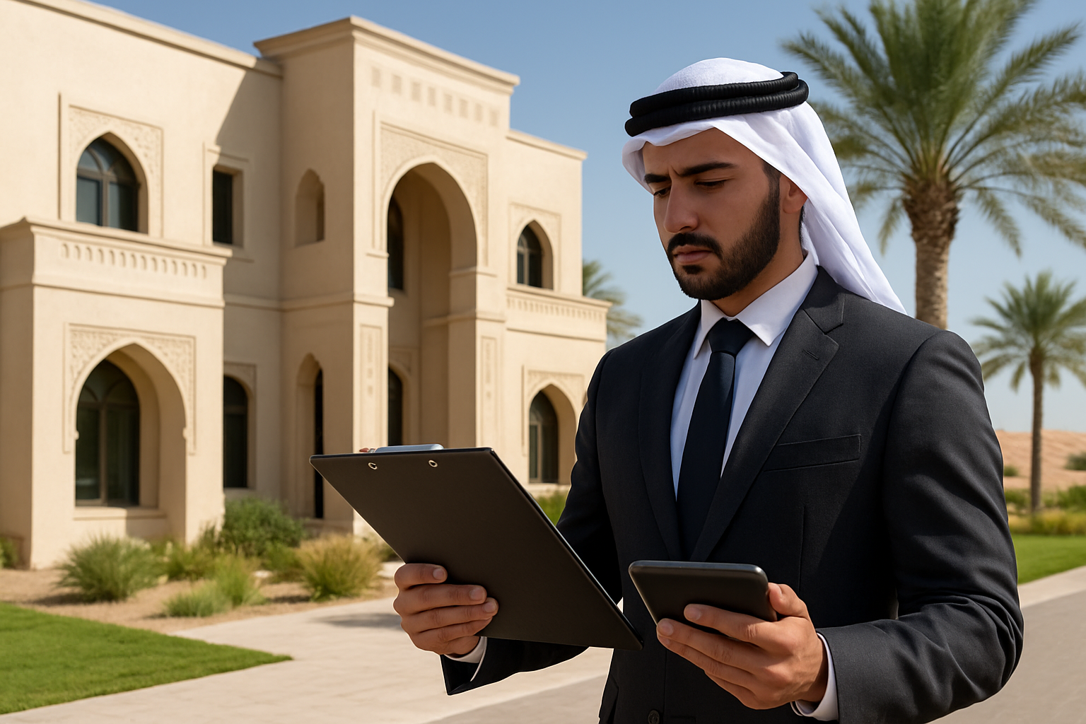 Create a realistic image of a professional Middle Eastern male inspector in business attire holding a clipboard and digital tablet, standing in front of a modern luxury villa in Abu Dhabi with traditional Arabic architectural elements, palm trees and desert landscape visible in the background, bright daylight with clear blue skies, the inspector appears to be reviewing inspection documents while examining the villa's exterior, clean and professional atmosphere suggesting official property assessment procedures, absolutely NO text should be in the scene.