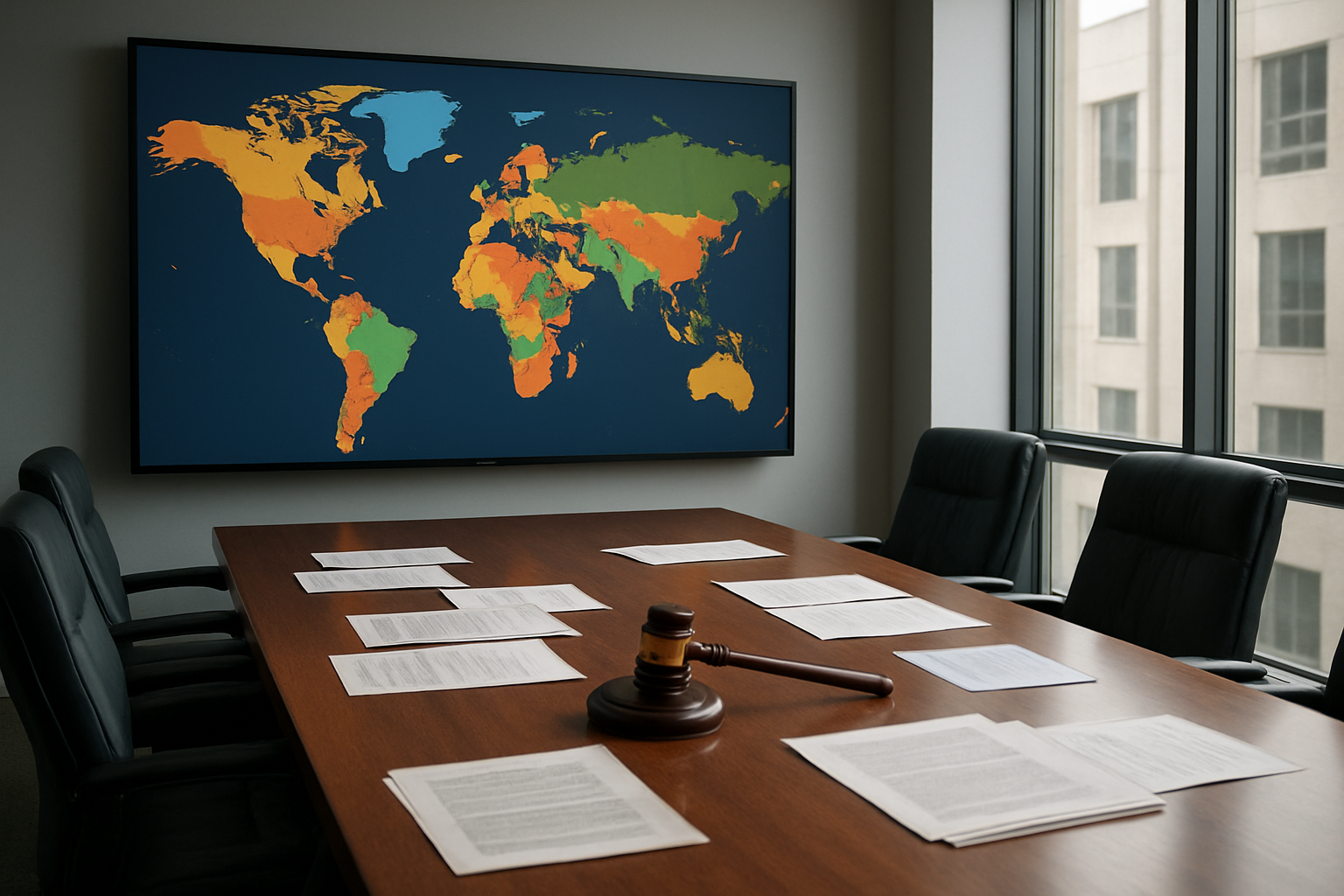 Create a realistic image of a modern conference room with a large world map displayed on a digital screen showing different countries highlighted in various colors representing different legal classifications, with official government documents and legal papers scattered on a polished wooden table, a gavel resting beside the papers, soft natural lighting streaming through large windows, creating a professional and authoritative atmosphere that conveys global legal analysis and policy decisions, absolutely NO text should be in the scene.