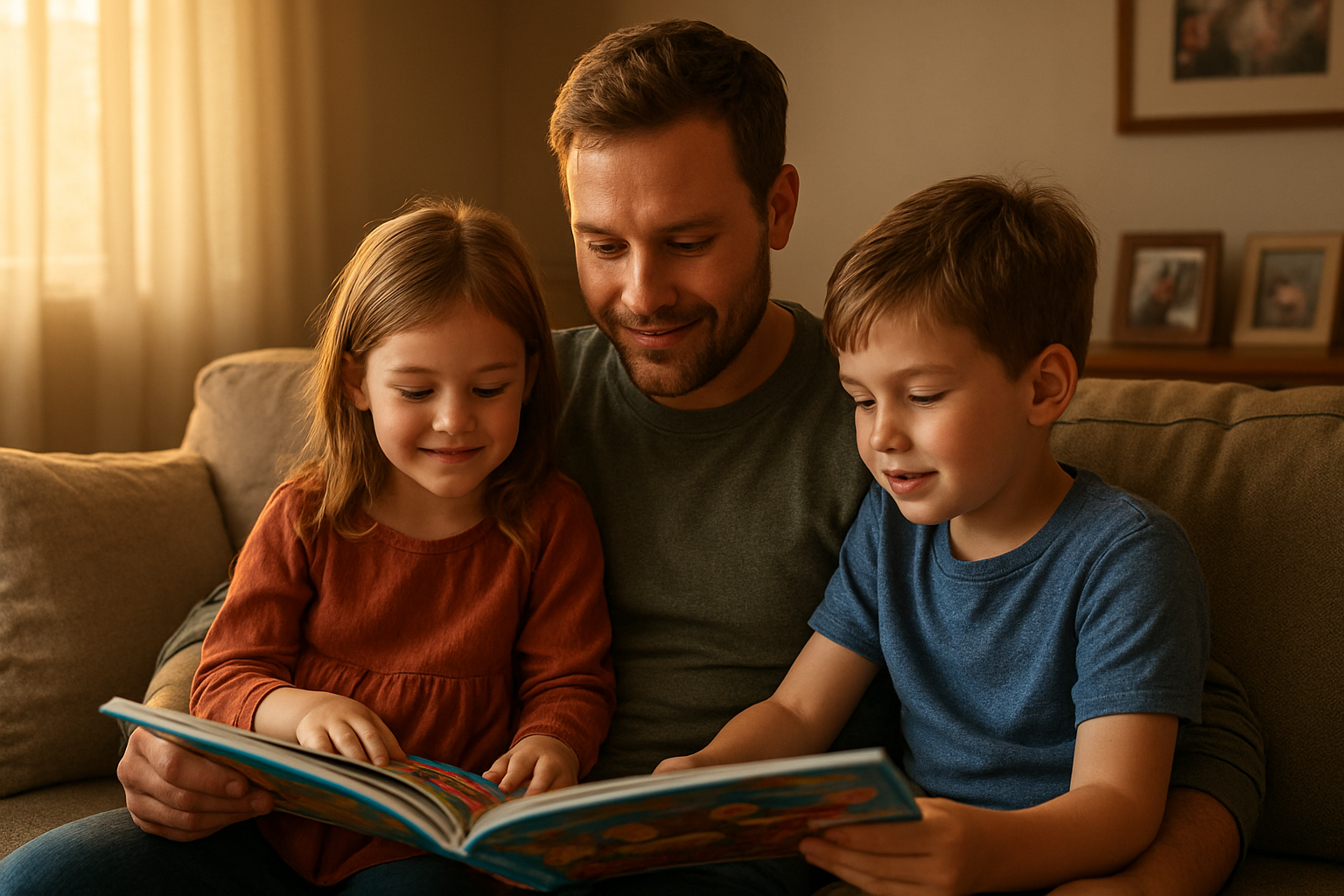 Create a realistic image of a white male father sitting on a couch with his young daughter and son, all three engaged in reading a colorful storybook together, with warm golden hour lighting streaming through a nearby window, creating a cozy living room atmosphere with soft furnishings and family photos visible in the blurred background, capturing an intimate moment of connection and bonding, absolutely NO text should be in the scene.