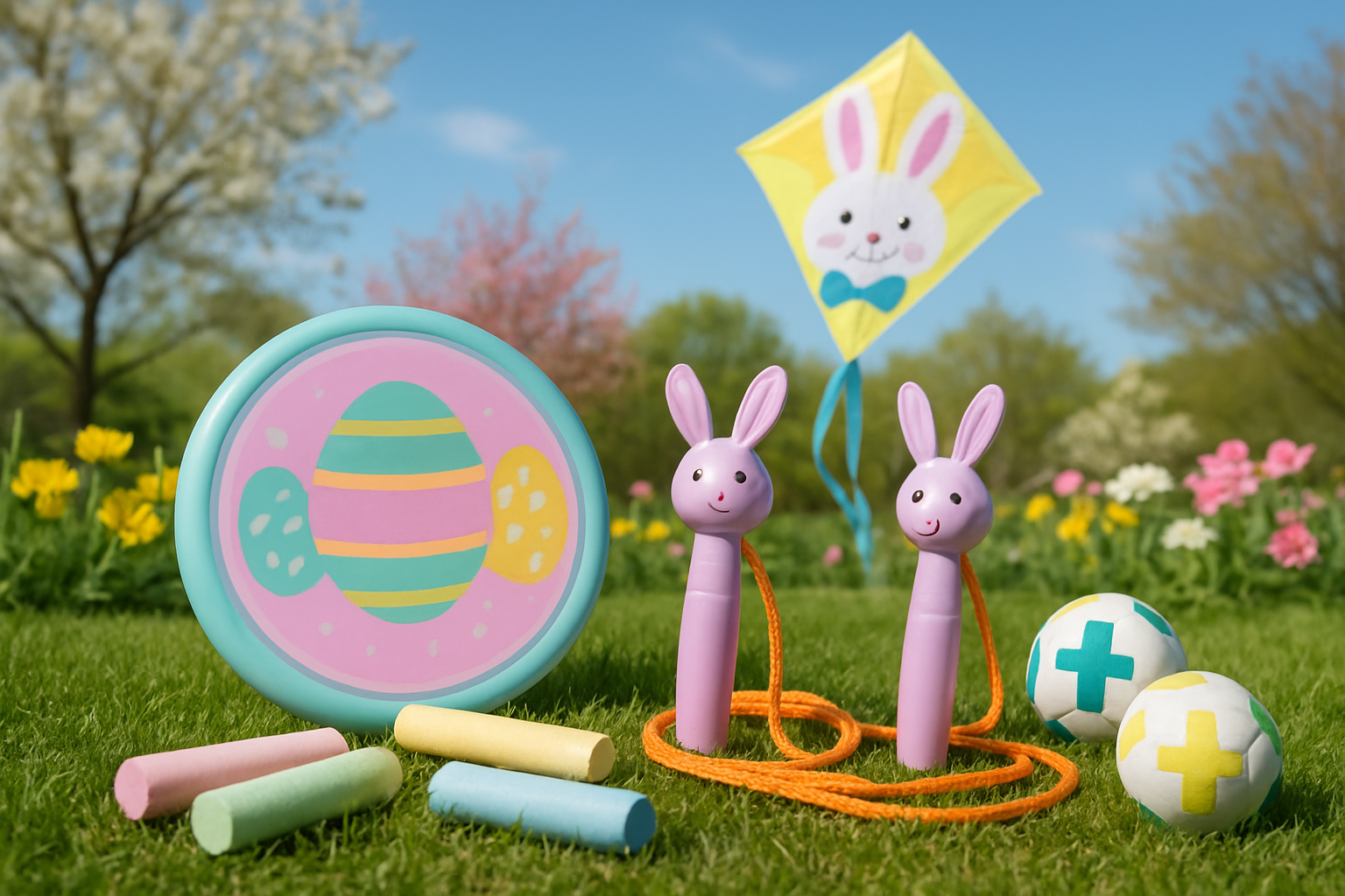 Create a realistic image of colorful Easter-themed outdoor play items arranged on green grass including a pastel-colored frisbee with Easter egg patterns, jump ropes with bunny-shaped handles, sidewalk chalk in spring colors, a kite designed like a Easter bunny flying in a clear blue sky, and small soccer balls decorated with cross symbols, with blooming spring flowers and trees in the background creating a joyful seasonal atmosphere, captured in bright natural daylight with soft shadows, absolutely NO text should be in the scene.