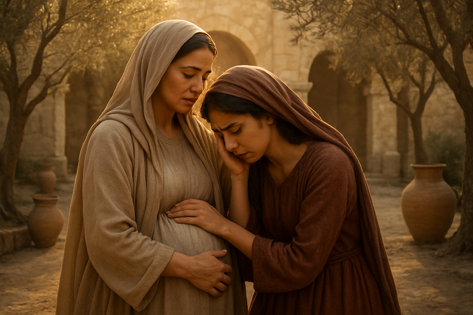 Create a realistic image of a pregnant Middle Eastern woman in flowing robes gently embracing and comforting a younger woman who appears distressed, set in an ancient stone courtyard with warm golden sunlight filtering through, surrounded by olive trees and clay pottery, conveying a mood of compassion, support, and divine blessing, with the pregnant woman's hand protectively placed on her belly while reaching out to console the other woman, absolutely NO text should be in the scene.