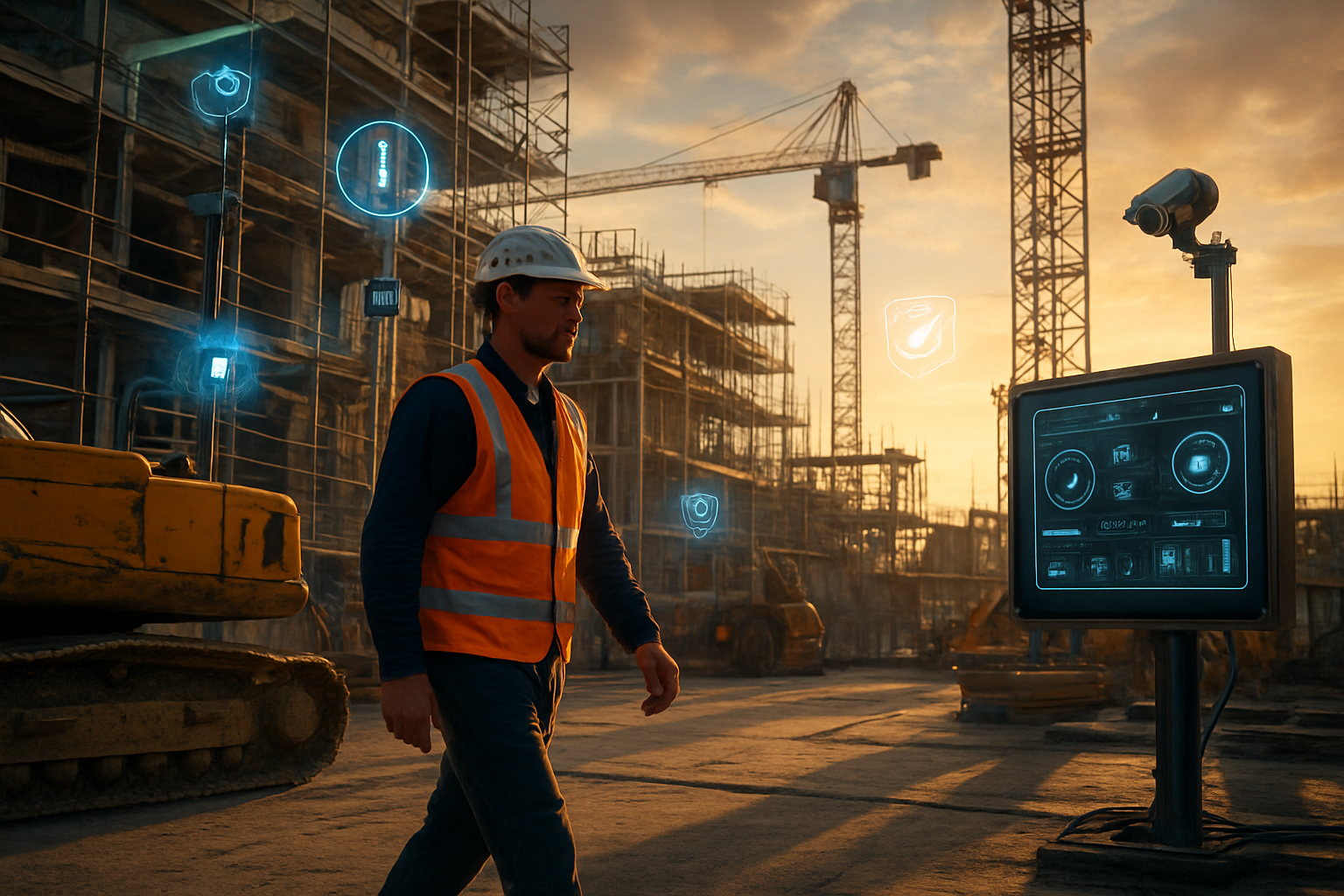 Create a realistic image of a modern construction site featuring AI-powered safety systems with digital sensors and monitoring devices mounted on scaffolding and cranes, a white male construction worker wearing a smart hard hat with embedded technology walking near heavy machinery, intelligent surveillance cameras positioned throughout the site, holographic safety indicators and warning systems glowing in blue and orange colors, a partially constructed building in the background with steel framework, dramatic golden hour lighting casting long shadows across the concrete ground, and a futuristic control panel displaying real-time safety data, absolutely NO text should be in the scene.