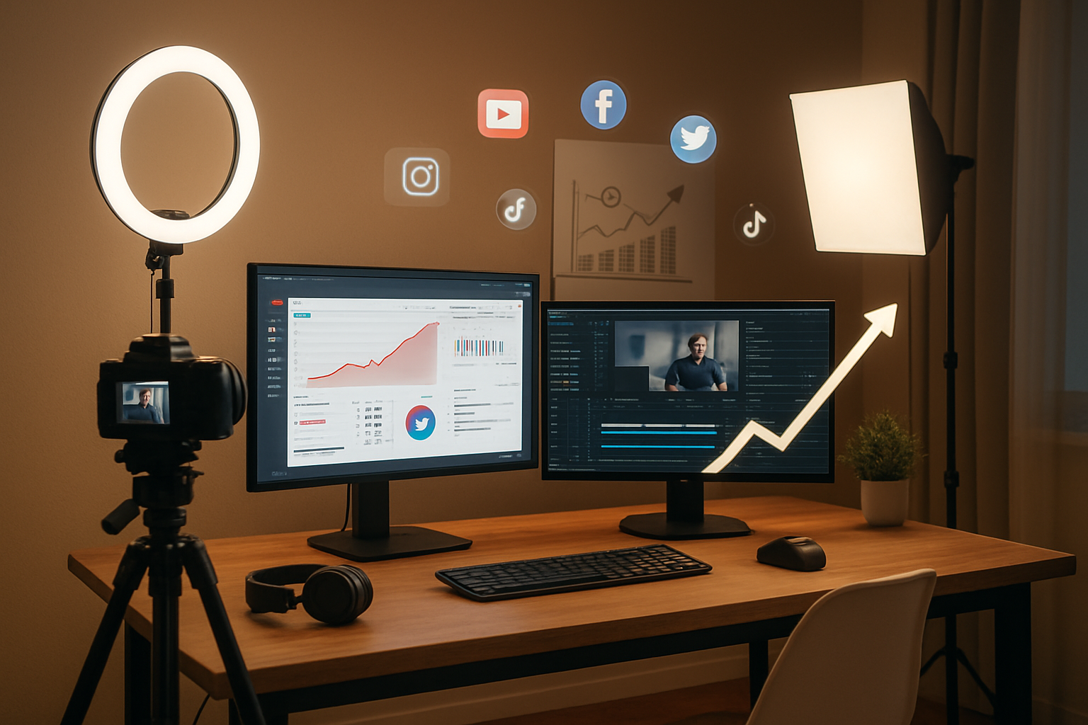 Create a realistic image of a modern content creator workspace featuring a sleek computer setup with multiple monitors displaying YouTube analytics dashboards and video editing software, a professional camera on a tripod positioned nearby, ring lights and softbox lighting equipment in the background, a whiteboard with growth strategy diagrams, and social media icons floating subtly in the air around the setup, all set in a clean, well-lit home office environment with warm ambient lighting that conveys success and achievement, with a trending upward arrow graphic element incorporated into the scene composition, absolutely NO text should be in the scene.