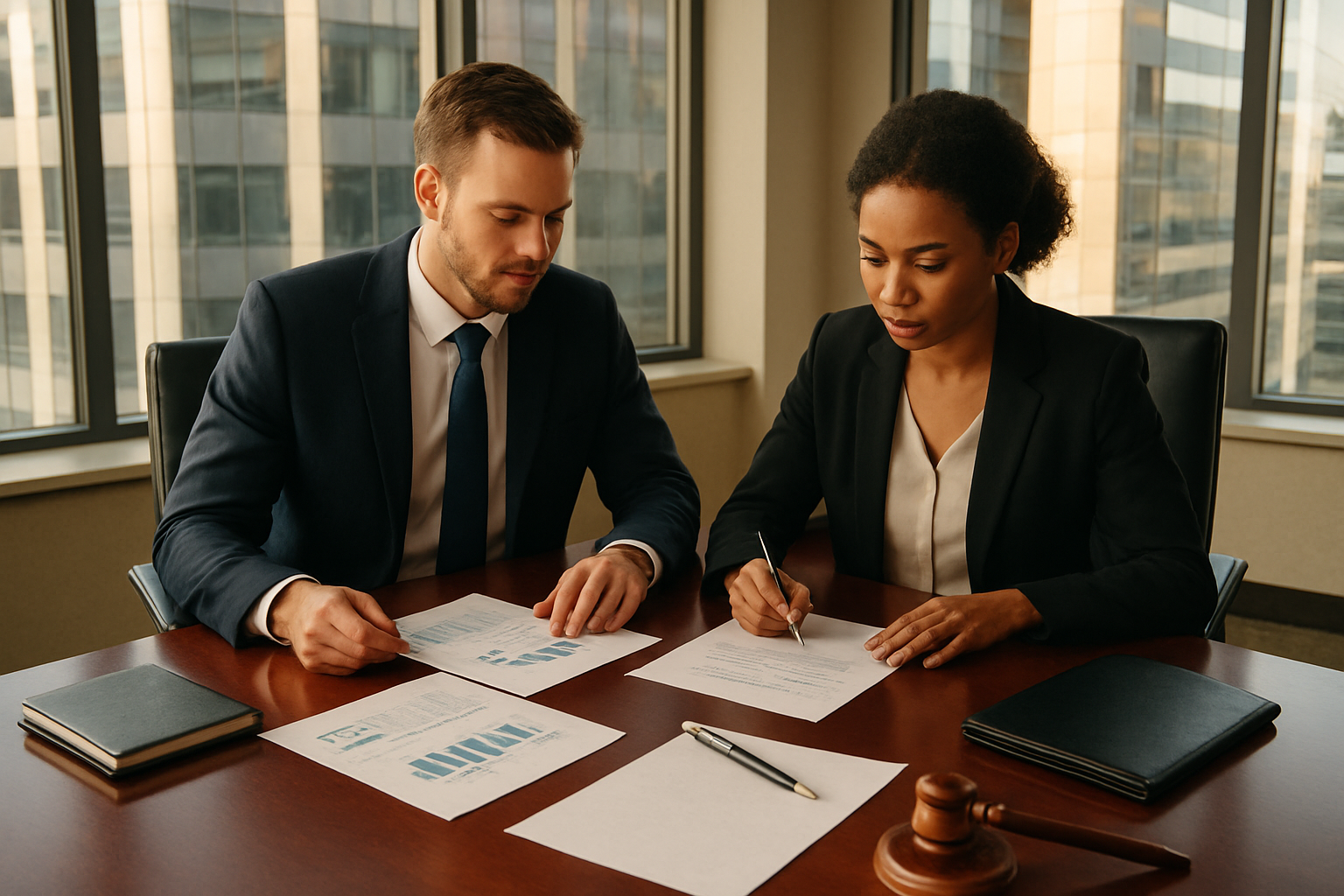 Create a realistic image of a modern conference room with a large mahogany table where two well-dressed businesspeople, a white male in a navy suit and a black female in professional attire, are reviewing acquisition documents and financial charts spread across the table, with a sleek office building visible through floor-to-ceiling windows in the background, warm natural lighting illuminating the scene, handshakes and document signing materials present, conveying a professional atmosphere of high-level business negotiations and corporate ownership transitions, absolutely NO text should be in the scene.