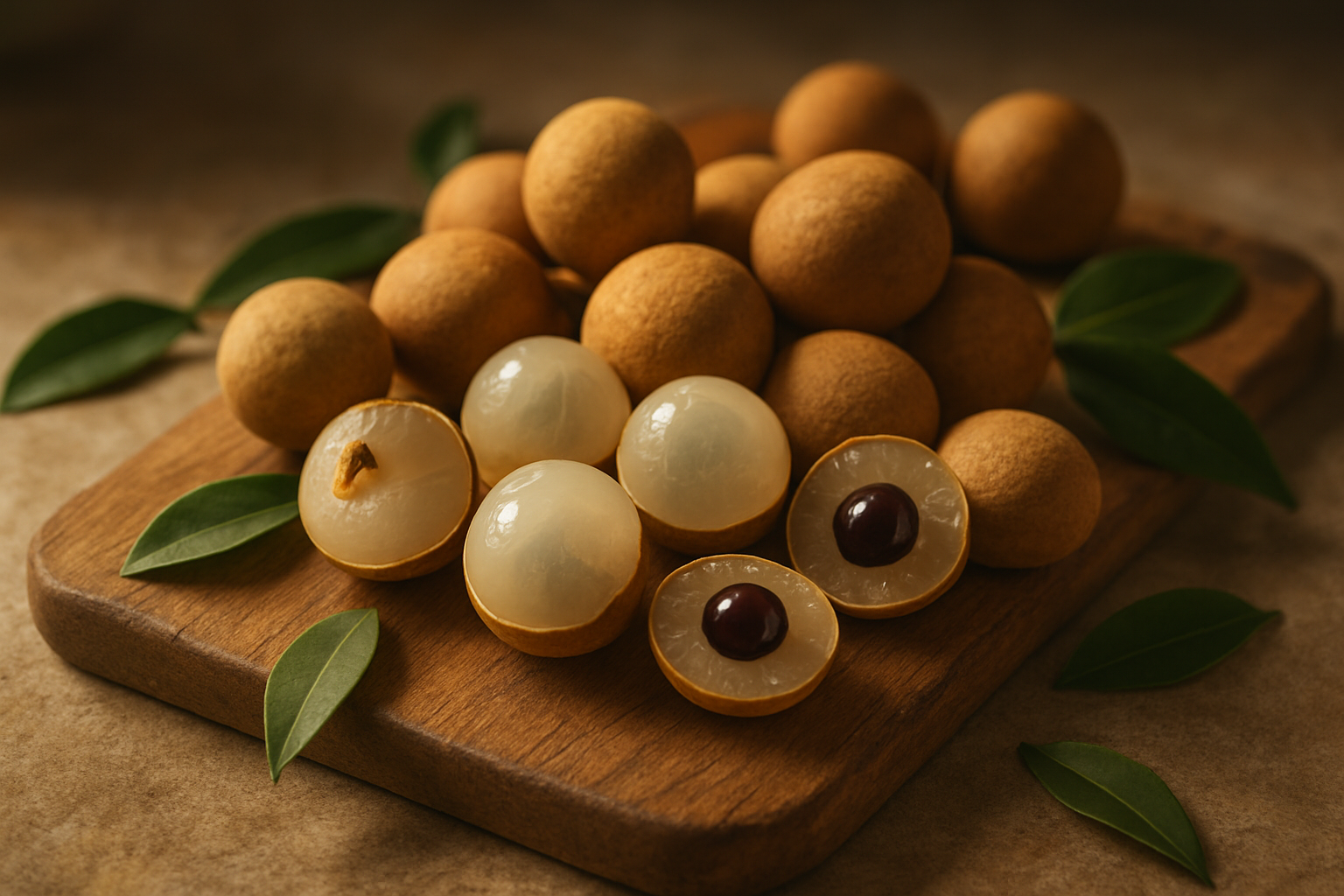 Create a realistic image of fresh longan fruits arranged elegantly on a rustic wooden cutting board, with some longans peeled to reveal their translucent white flesh and dark seeds, alongside whole unpeeled fruits showing their brown textured skin, scattered longan leaves for natural decoration, soft natural lighting from above creating gentle shadows, warm golden hour ambiance, kitchen countertop background with subtle blur, conveying a sense of completion and culinary appreciation, absolutely NO text should be in the scene.