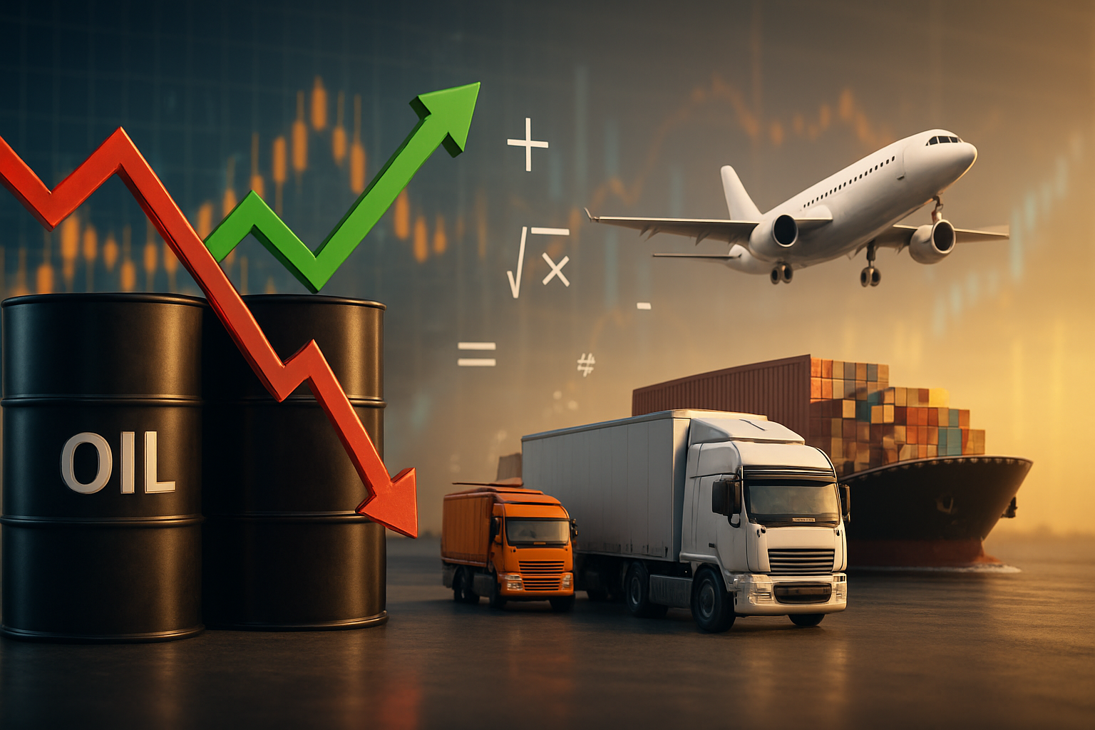 Create a realistic image of a split-screen composition showing crude oil barrels with fluctuating price arrows on the left side and various transport vehicles including trucks, cargo ships, and airplanes on the right side, connected by mathematical equations and calculation symbols floating in the middle, set against a modern financial backdrop with charts and graphs, warm professional lighting, absolutely NO text should be in the scene.