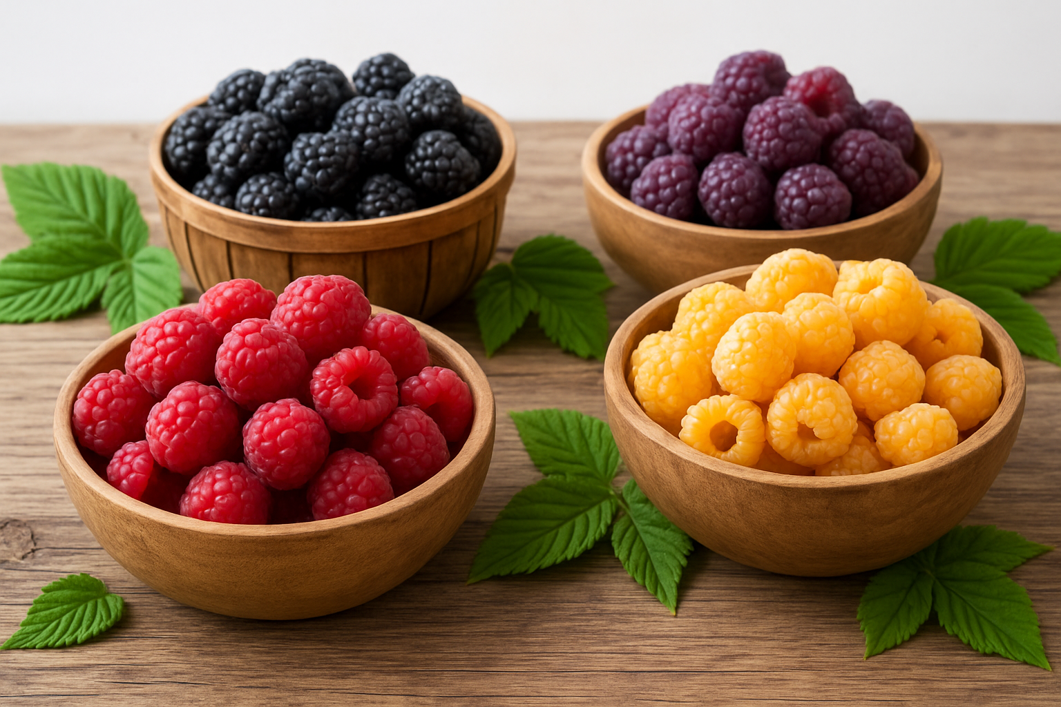 Create a realistic image of different raspberry varieties arranged in separate wooden baskets or bowls on a rustic wooden table, showcasing red raspberries, black raspberries, golden/yellow raspberries, and purple raspberries, each variety clearly distinct with their unique colors and characteristics, natural daylight illuminating the scene from above, clean white or neutral background behind the display, fresh green raspberry leaves scattered around the baskets as decorative elements, absolutely NO text should be in the scene.