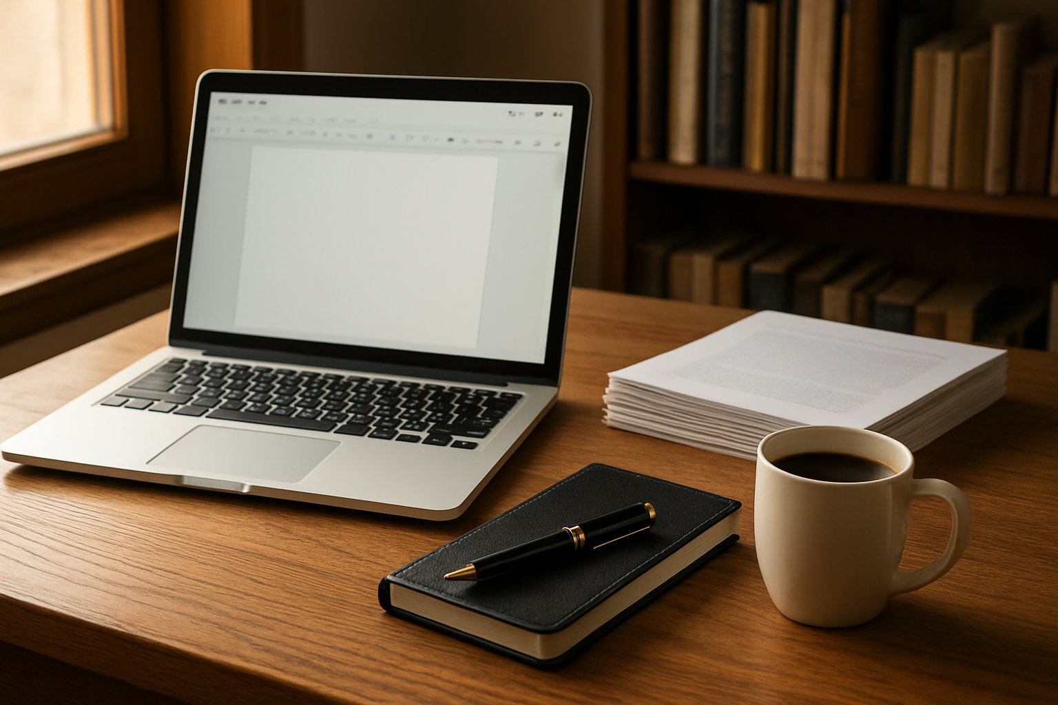 Create a realistic image of a modern home office workspace with a sleek laptop displaying a document editor interface, premium fountain pen and notebook beside it, coffee cup on wooden desk, stack of high-quality printed manuscripts, bookshelf with writing guides in background, warm natural lighting from window, professional and sophisticated atmosphere suggesting high-value content creation work, absolutely NO text should be in the scene.