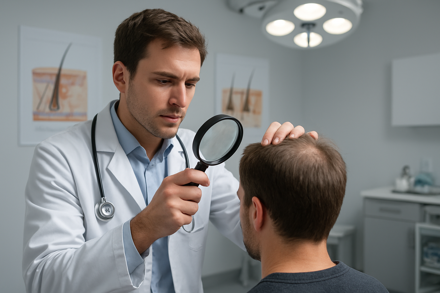 Create a realistic image of a white male doctor in a white coat examining a patient's scalp with a magnifying glass in a modern medical clinic, with medical charts showing hair follicle diagrams on the wall, professional medical lighting illuminating the consultation area, sterile clinical environment with medical equipment visible in the background, conveying a professional and informative atmosphere about hair transplant procedures, absolutely NO text should be in the scene.