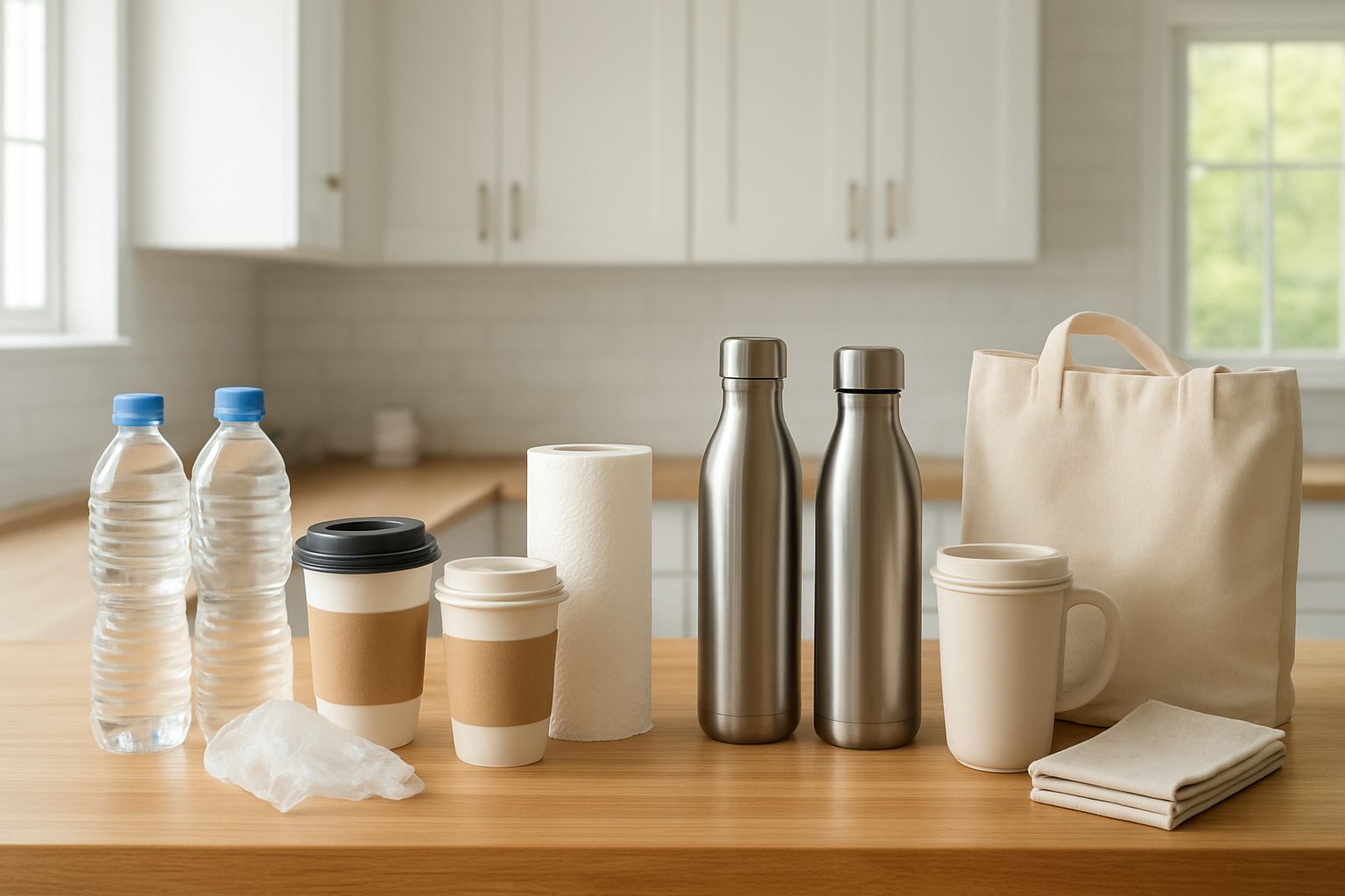Create a realistic image of a wooden kitchen counter displaying a side-by-side comparison of single-use disposable items on the left (plastic water bottles, disposable coffee cups, plastic bags, paper towels) and their reusable alternatives on the right (stainless steel water bottles, ceramic travel mugs, canvas tote bags, cloth napkins), with natural daylight streaming through a window in the background, clean modern kitchen setting with white cabinets, organized and minimalist aesthetic, bright and inviting atmosphere, absolutely NO text should be in the scene.