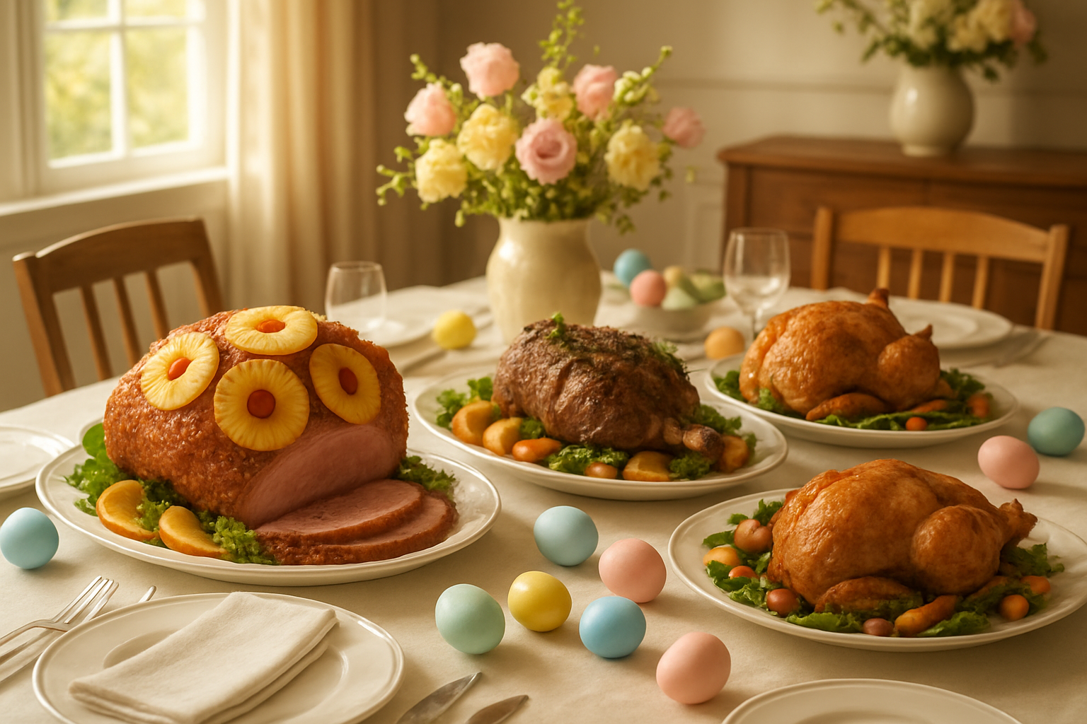 Create a realistic image of a beautifully set Easter dinner table featuring classic main dishes including a golden glazed ham with pineapple rings, a roasted leg of lamb with herbs, and a whole roasted chicken surrounded by colorful spring vegetables, with elegant white dinnerware, pastel Easter decorations, fresh flowers in soft pink and yellow tones, warm natural lighting from a nearby window, and a cozy dining room atmosphere that conveys family gathering warmth. Absolutely NO text should be in the scene.
