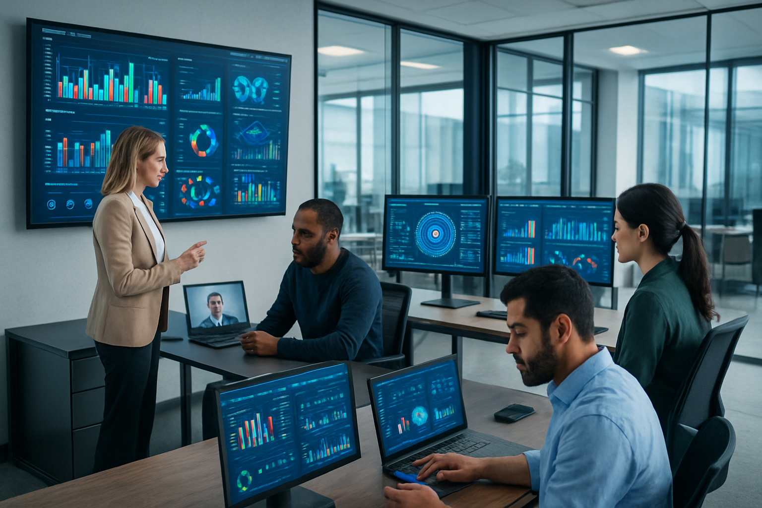 Create a realistic image of a modern corporate office environment showcasing multiple AI-powered HR operations with diverse professionals including a white female HR manager reviewing analytics on a large wall-mounted dashboard, a black male employee having a video interview on a laptop, an Asian female recruiter using predictive hiring software on dual monitors, and a Hispanic male analyst examining compensation data on a tablet, with sleek workstations featuring multiple screens displaying colorful data visualizations, charts, and AI interface elements, set against a contemporary open office backdrop with glass partitions, natural lighting from large windows, and a professional yet innovative atmosphere that conveys technological advancement in human resources. Absolutely NO text should be in the scene.