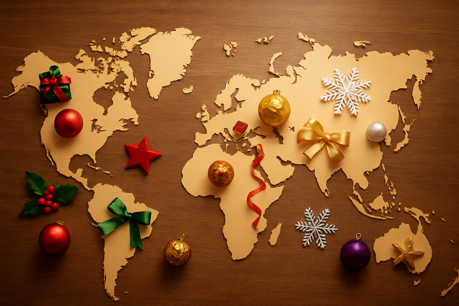 Create a realistic image of a world map displaying different Christmas color schemes from various cultures, featuring traditional red and green decorations from Western countries, gold and red elements representing Asian celebrations, white and silver Nordic traditions, and purple and gold from other regional customs, with small ornaments, ribbons, and festive symbols in their respective cultural colors placed strategically across different continents, set against a warm wooden background with soft ambient lighting, absolutely NO text should be in the scene.