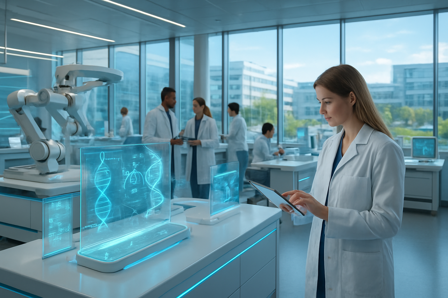 Create a realistic image of a modern hospital research facility with a futuristic medical laboratory in the foreground featuring holographic displays showing DNA structures and medical data, advanced robotic surgical equipment, and sleek white research stations with glowing blue accent lighting, while diverse medical professionals including a white female researcher in a lab coat examining a tablet and a black male doctor discussing with colleagues work collaboratively in the background, with floor-to-ceiling windows revealing a sprawling medical campus under bright natural daylight that creates an atmosphere of innovation and hope for the future of medicine, absolutely NO text should be in the scene.