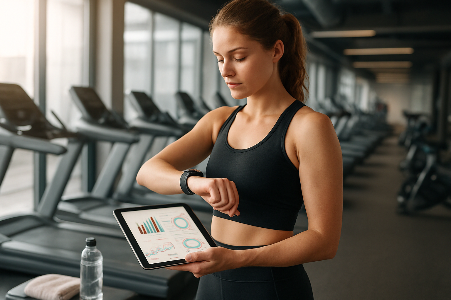 Create a realistic image of a white female athlete in athletic wear looking at a smartwatch on her wrist while holding a tablet displaying colorful fitness charts and graphs, standing in a modern gym environment with cardio equipment like treadmills and stationary bikes visible in the background, soft natural lighting from large windows creating a motivational and focused atmosphere, with water bottle and towel nearby on a bench, emphasizing the concept of tracking and analyzing cardiovascular fitness progress, Absolutely NO text should be in the scene.