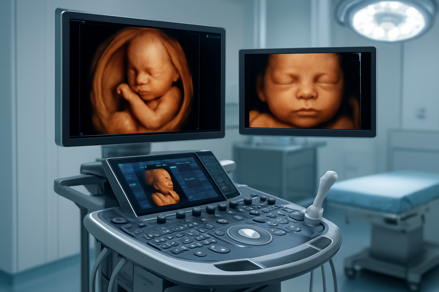Create a realistic image of a cutting-edge ultrasound machine with advanced digital displays showing detailed 5D fetal imaging on multiple high-resolution monitors, featuring crystal-clear three-dimensional renderings with enhanced depth and motion visualization, modern medical equipment with sleek metallic surfaces and LED indicators, sophisticated control panel with numerous buttons and touchscreen interfaces, clinical hospital environment with sterile white and blue color scheme, professional medical lighting creating a clean and technological atmosphere, ultrasound transducer probe positioned prominently, cables and connections visible showing advanced connectivity, absolutely NO text should be in the scene.