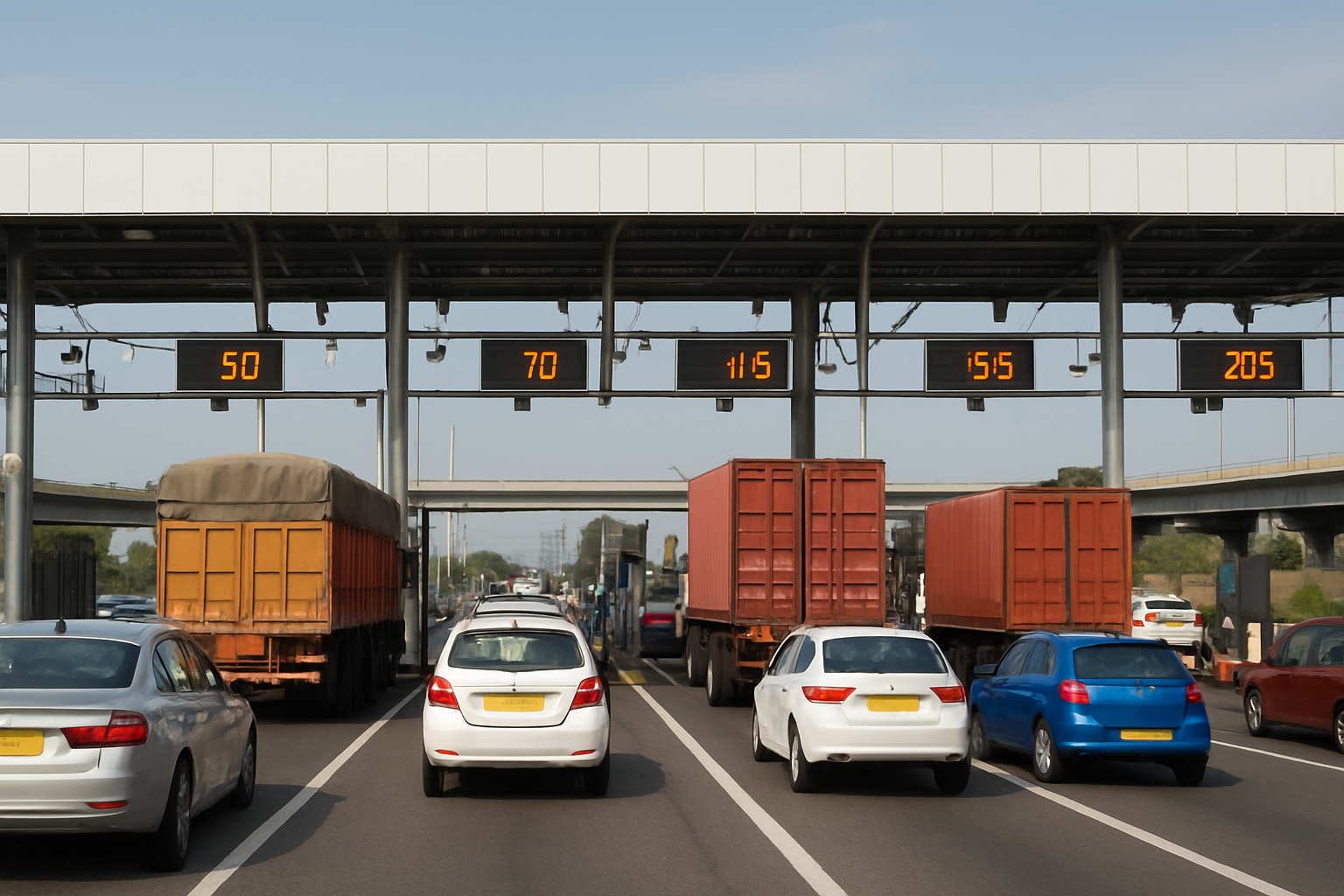 Create a realistic image of a modern Indian highway toll plaza with multiple FASTag-enabled toll booths, showing cars and trucks lined up waiting to pass through, electronic toll collection gantries with sensors overhead, digital price display boards showing toll amounts, a busy transportation scene with vehicles of various sizes including passenger cars and commercial trucks, set against a clear daytime sky with modern infrastructure visible in the background, capturing the bustling atmosphere of increased transportation costs and toll operations, with realistic lighting and detailed automotive elements. Absolutely NO text should be in the scene.