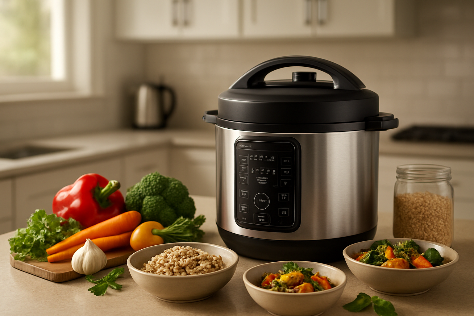 Create a realistic image of a modern kitchen countertop featuring the Nutricook Smart Pot Electric Pressure Cooker 4L as the central focus, positioned slightly to the right with its sleek stainless steel finish gleaming under warm ambient lighting, accompanied by fresh ingredients like colorful vegetables, herbs, and grains artfully arranged around it, a subtle background showing blurred modern kitchen appliances and clean white cabinets, with soft natural light streaming from a window creating gentle shadows, and a few cooked dishes in elegant bowls nearby suggesting successful cooking results, all conveying a sense of completion and satisfaction typical of a comprehensive product review conclusion, absolutely NO text should be in the scene.