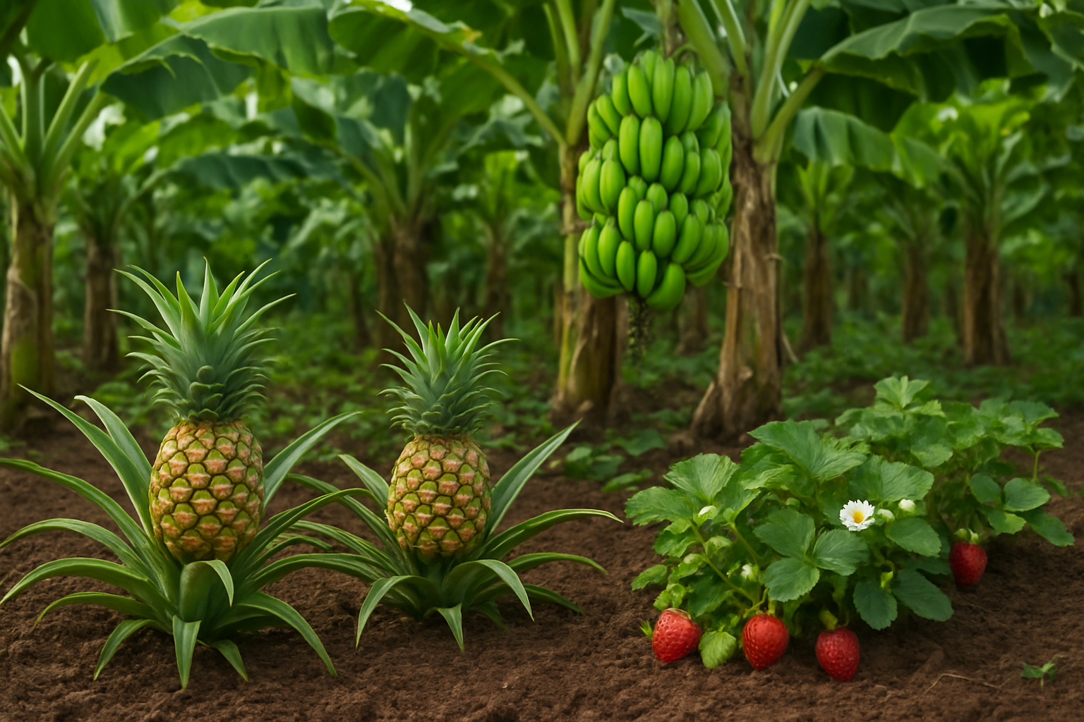 Create a realistic image of unusual fruit growing methods showing pineapples growing from their spiky-topped plants close to the ground, bananas hanging in large green bunches from tall tropical trees, and strawberries growing low with their white flowers and red fruits emerging directly from leafy plants, all in a diverse agricultural setting with rich soil and natural lighting, demonstrating the surprising and varied ways different fruits develop in nature, absolutely NO text should be in the scene.