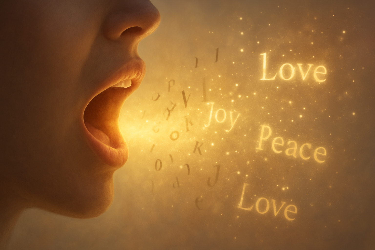 Create a realistic image of an open mouth with golden light emanating from it, surrounded by floating words and letters that transform from dark shadows into bright, luminous text as they move away from the lips, set against a soft ethereal background with warm lighting that suggests the power and impact of spoken words, with some words dissolving into sparkles while others form into positive affirmations, creating a mystical atmosphere that represents the transformative power of impeccable speech, absolutely NO text should be in the scene.