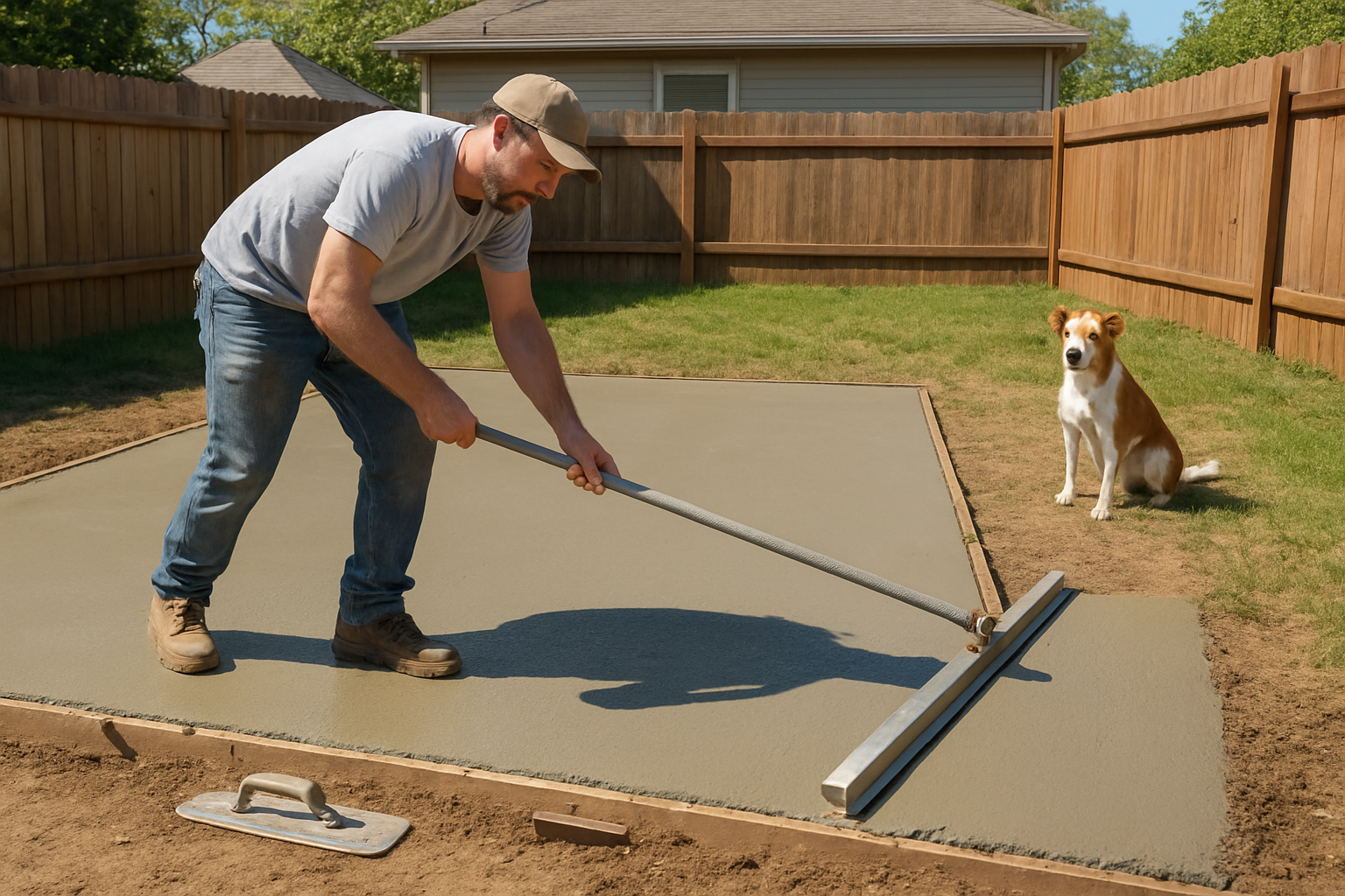 Create a realistic image of a freshly poured concrete pad in a backyard being smoothed by a white male construction worker using a screed tool, with wet concrete surface showing smooth texture, construction tools like a float and trowel nearby on the ground, a small to medium-sized dog watching from a safe distance on grass, residential fence and house visible in the background, bright daylight with clear shadows, representing an affordable DIY home improvement project for a dog-friendly yard, absolutely NO text should be in the scene.