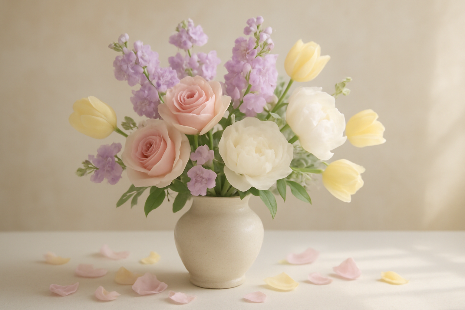 Create a realistic image of a beautiful arrangement of fresh flowers in soft, nurturing colors including pale pink roses, lavender blooms, white peonies, and soft yellow tulips, artfully displayed in an elegant ceramic vase on a clean white surface, with gentle natural lighting streaming from the side creating soft shadows, surrounded by scattered flower petals in complementary pastel tones, conveying a warm and caring maternal atmosphere with a dreamy, soft-focus background in cream and light beige tones, absolutely NO text should be in the scene.