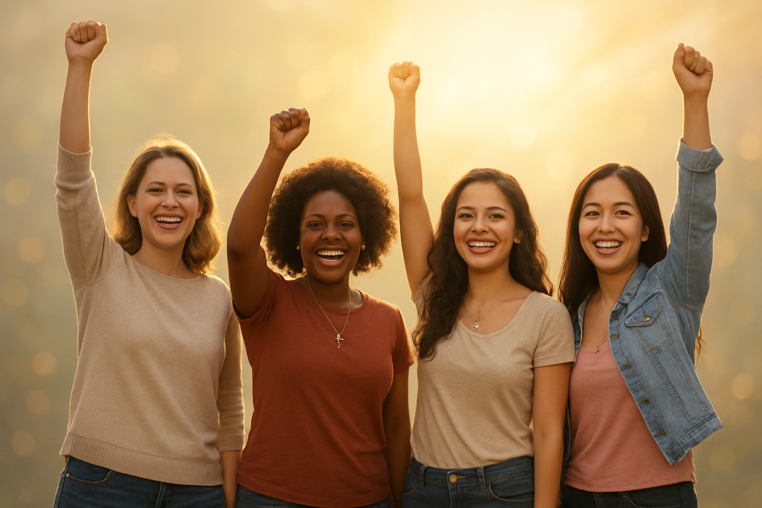 Create a realistic image of diverse women of different races (white, black, Hispanic, Asian) standing together with raised hands in celebration, wearing casual modern clothing, surrounded by golden light rays and soft bokeh effects, with warm uplifting lighting creating an empowering atmosphere, set against a soft blurred background with gentle pastel colors, showing expressions of joy and confidence, with some women holding small crosses or wearing subtle Christian jewelry, creating a scene of Christian sisterhood and empowerment, absolutely NO text should be in the scene.