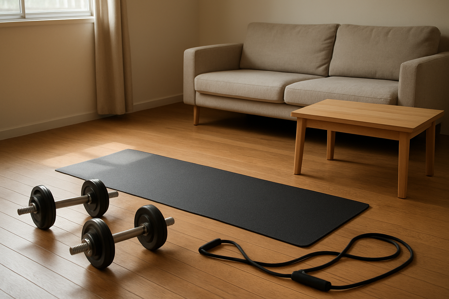 Create a realistic image of a minimalist home living room setup with basic workout equipment scattered on a hardwood floor including dumbbells, a yoga mat, and resistance bands, with a couch and coffee table pushed slightly to one side to create exercise space, natural daylight streaming through a window creating soft lighting, emphasizing the simplicity and limitations of home fitness routines, absolutely NO text should be in the scene.