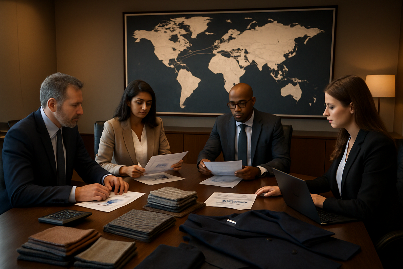 Create a realistic image of a modern business meeting room with a large conference table where diverse business professionals including white male and Indian female executives are reviewing trade documents and cost analysis charts, with a world map highlighting trade routes between India and other countries on the wall, stacks of premium fabric samples and clothing items visible on the table, calculators and laptops showing financial data, warm professional lighting, and a sophisticated corporate atmosphere suggesting successful international trade negotiations, absolutely NO text should be in the scene.